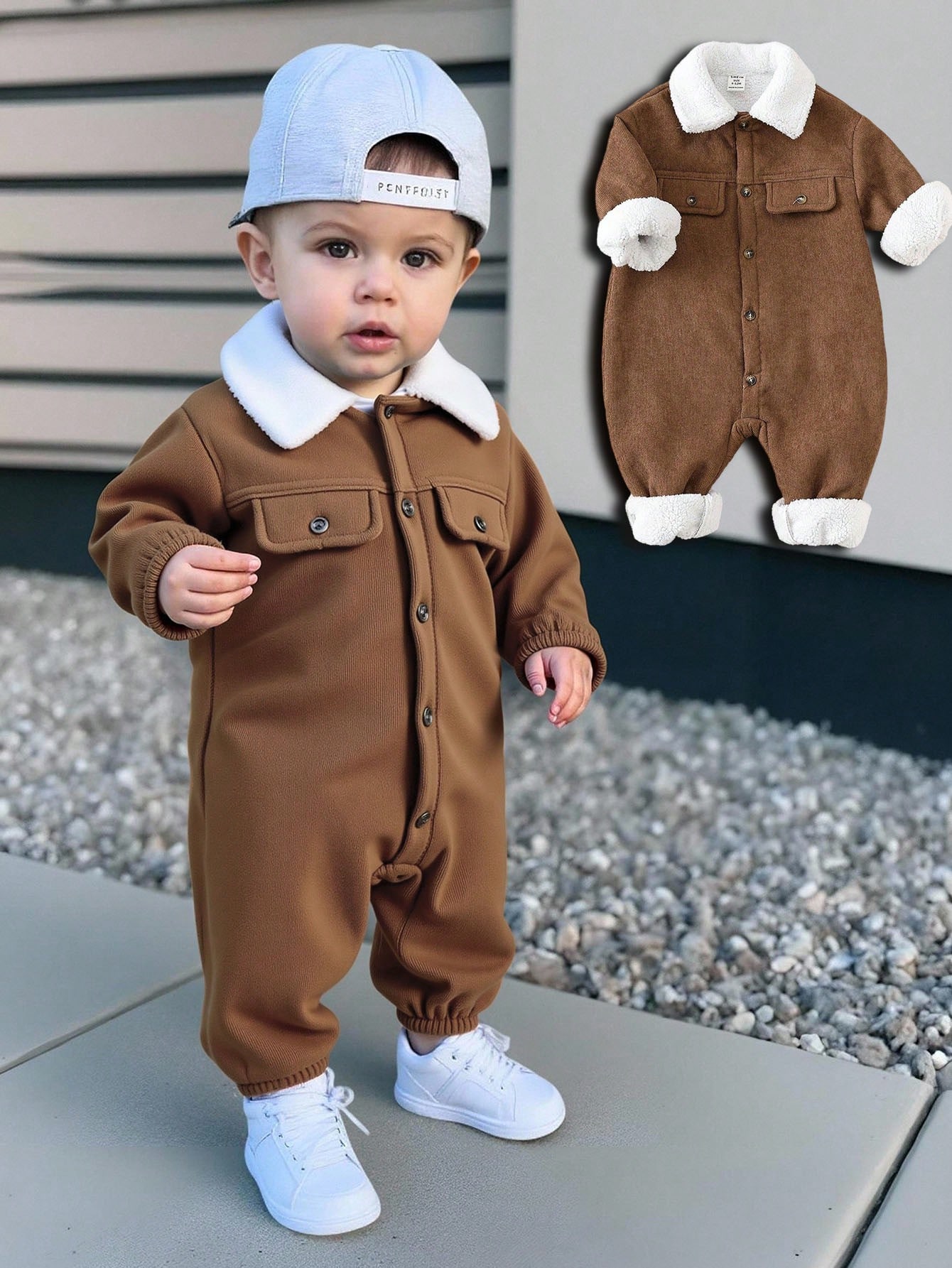 Combinaison d'automne marron doublée de thermique pour bébé garçon, tenue à col