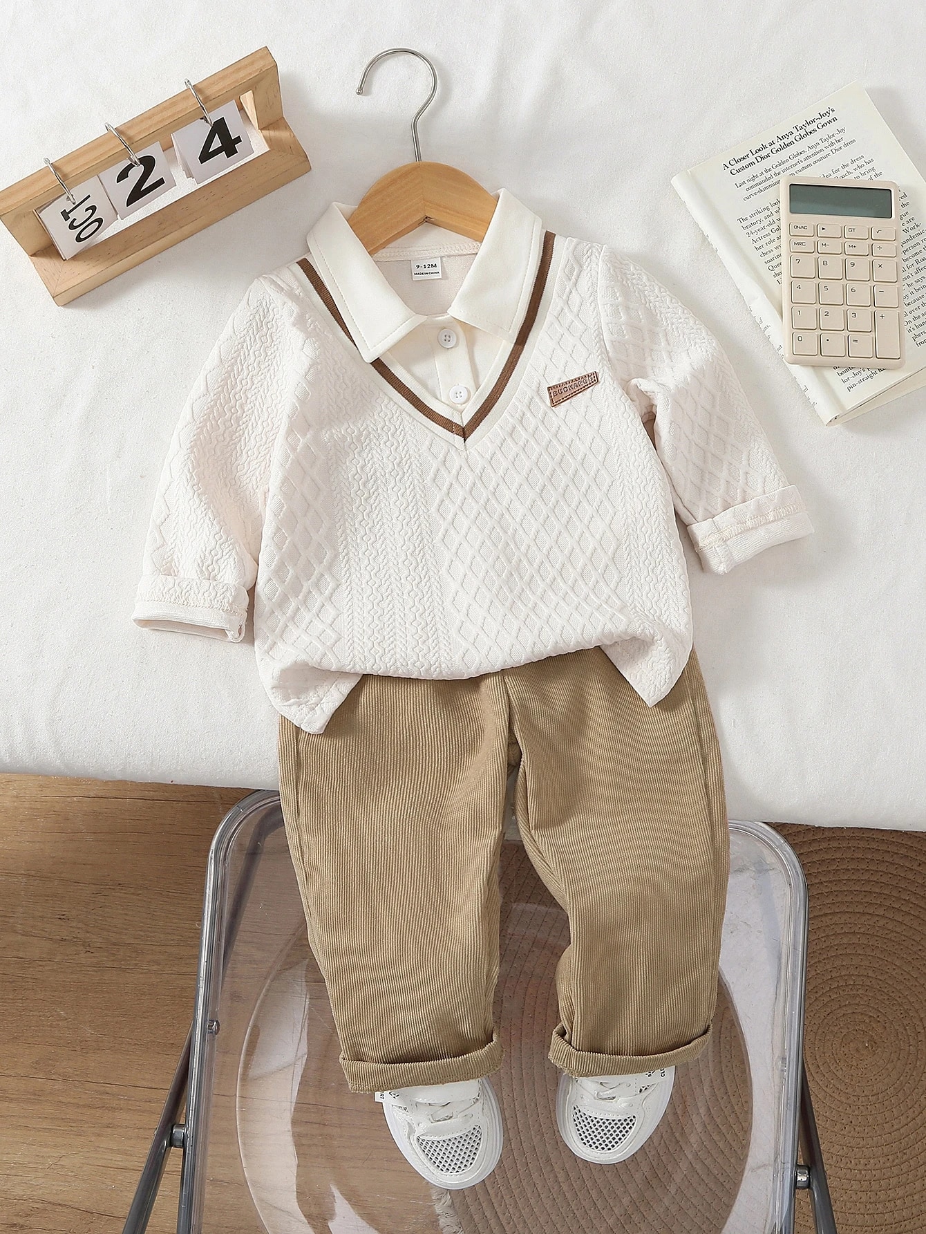 Ensemble 2 pièces polo et pantalon pour petit garçon, style preppy, noir et kaki — vue 2