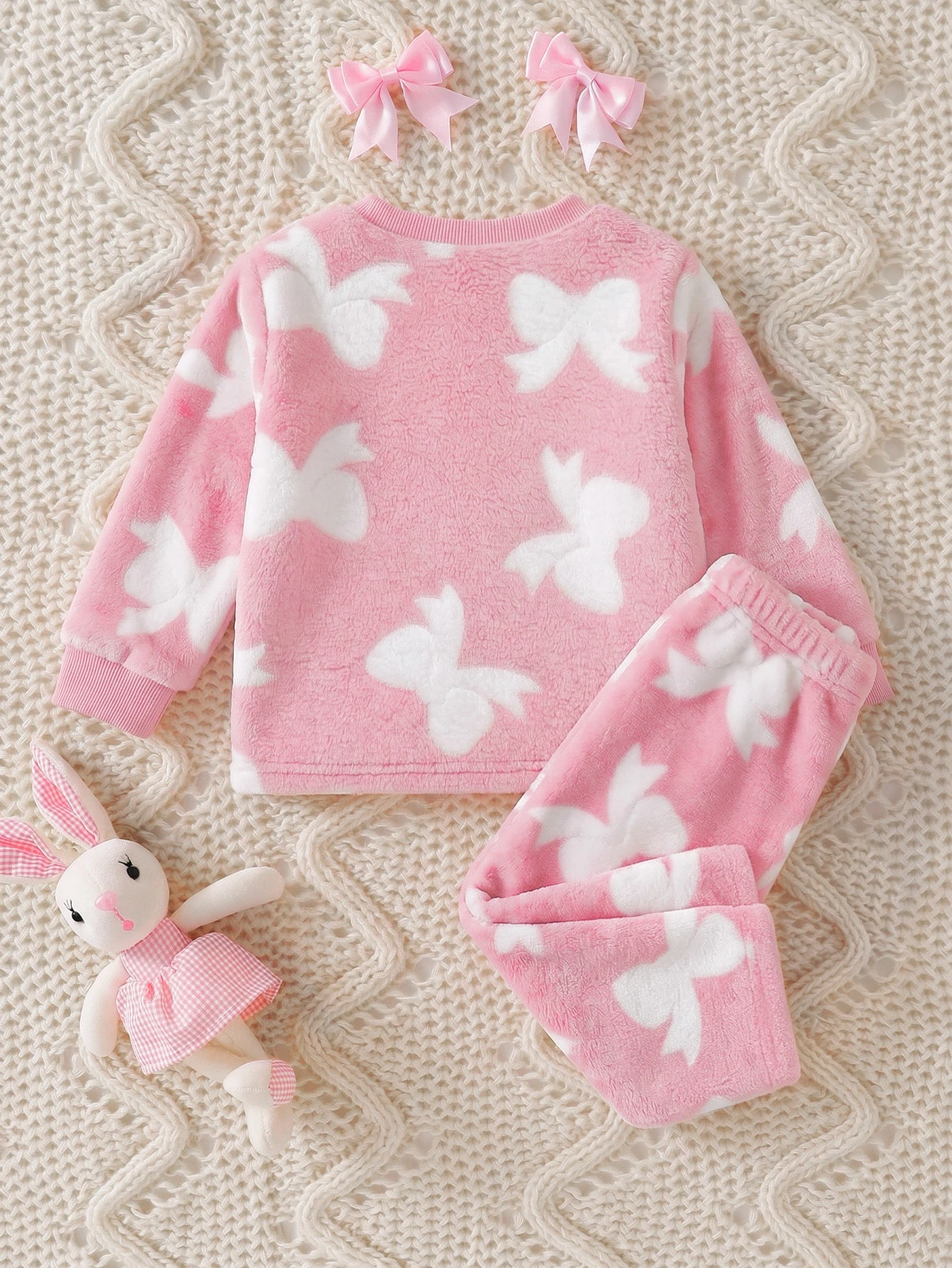 Ensemble 2 pièces pour bébé fille, style coréen doux, imprimé nœud rose, en — vue 3