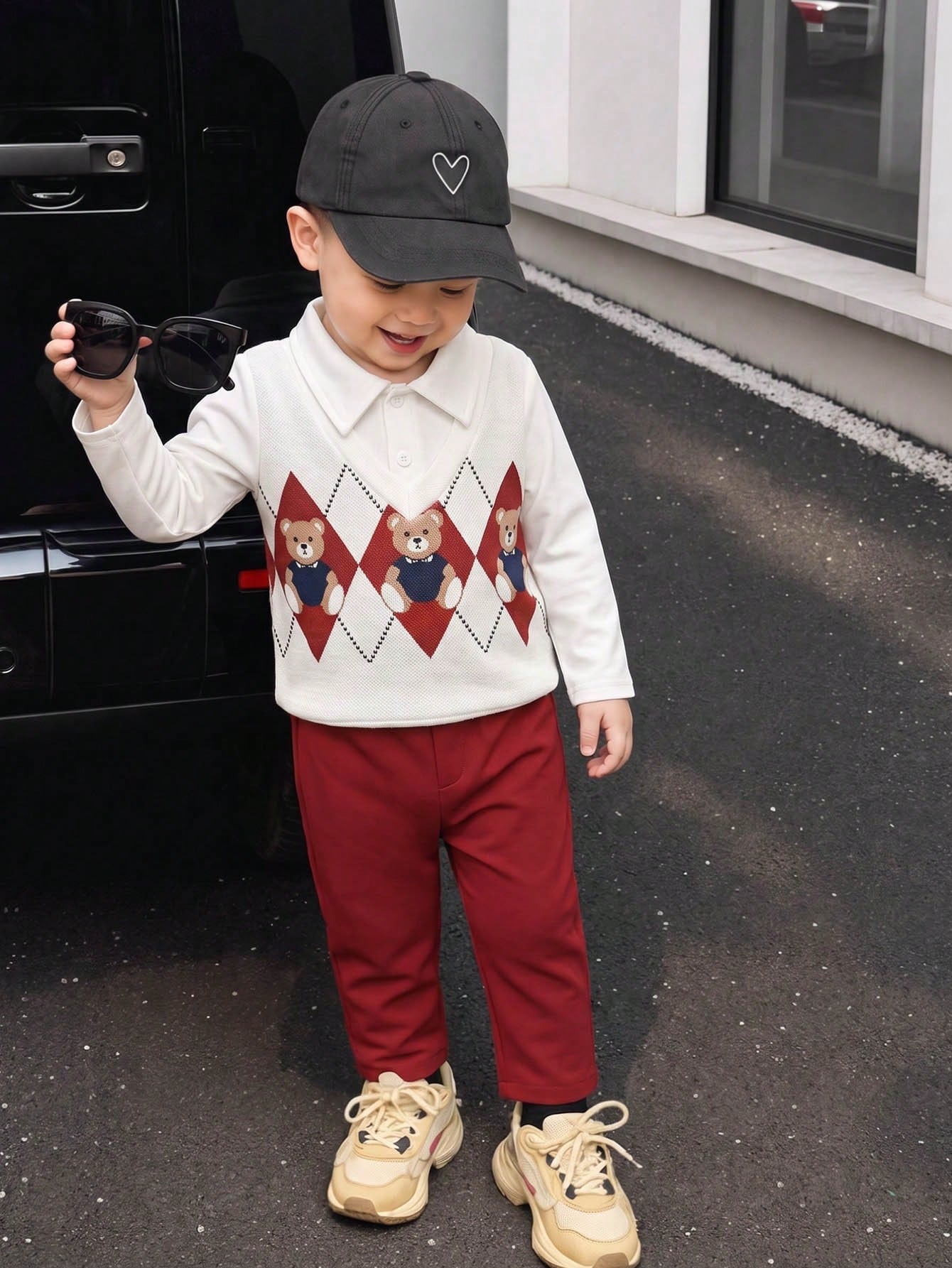 Ensemble 2 pièces polo et pantalon pour petit garçon, style preppy, noir et kaki — vue 4