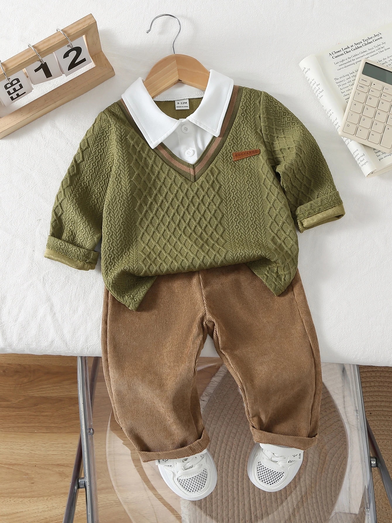 Ensemble 2 pièces polo et pantalon pour petit garçon, style preppy, noir et kaki — vue 5