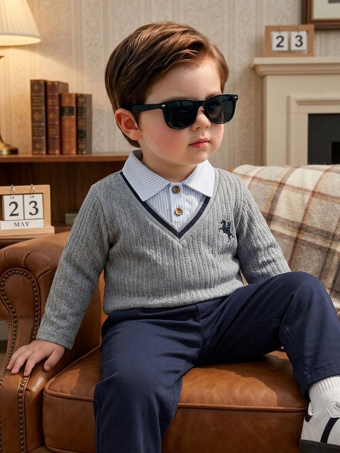 Ensemble 2 pièces polo et pantalon pour petit garçon, style preppy, noir et kaki — vue 6