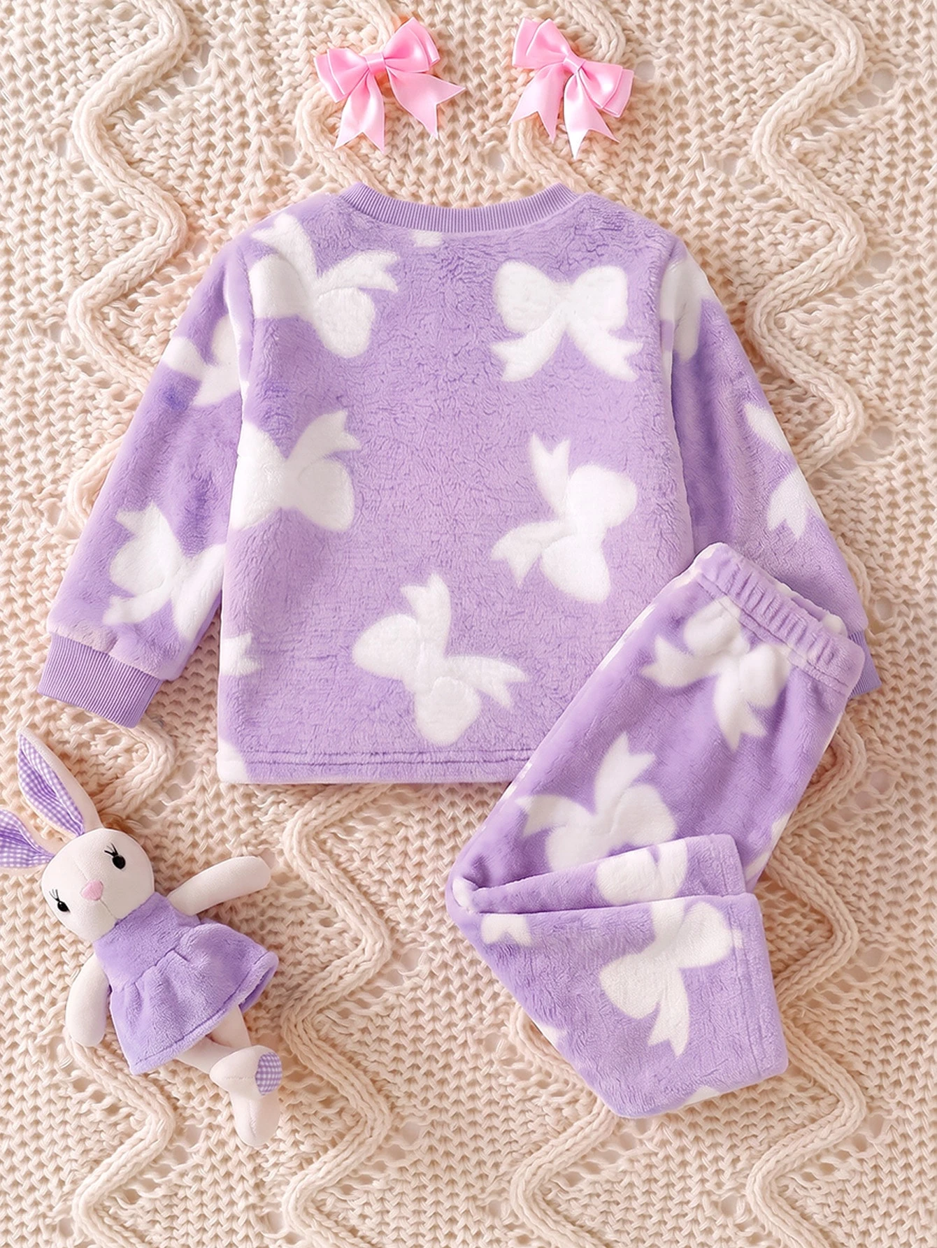 Ensemble 2 pièces pour bébé fille, style coréen doux, imprimé nœud rose, en — vue 6