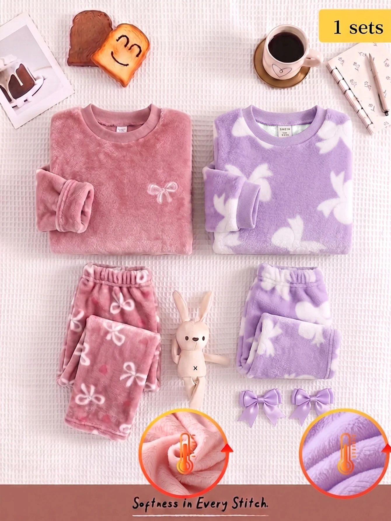 Ensemble 2 pièces pour bébé fille, style coréen doux, imprimé nœud rose, en — vue 4