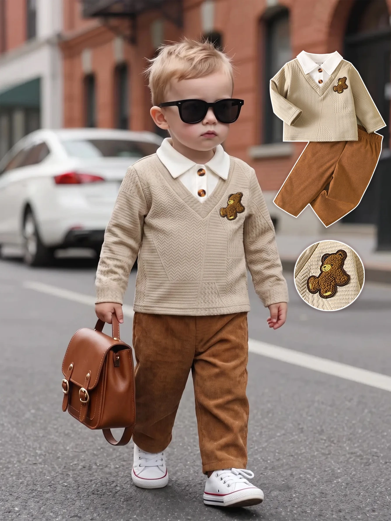 Ensemble 2 pièces polo et pantalon pour petit garçon, style preppy, noir et kaki — vue 3