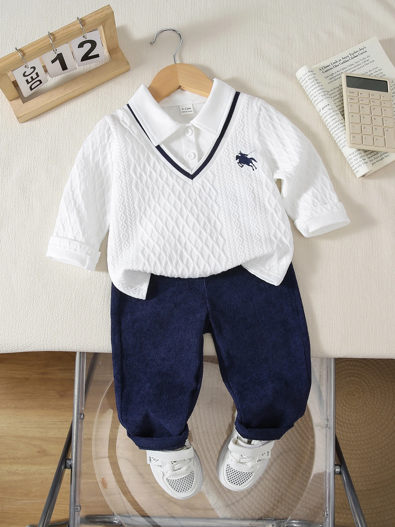 Ensemble 2 pièces polo et pantalon pour petit garçon, style preppy, noir et kaki — vue 11