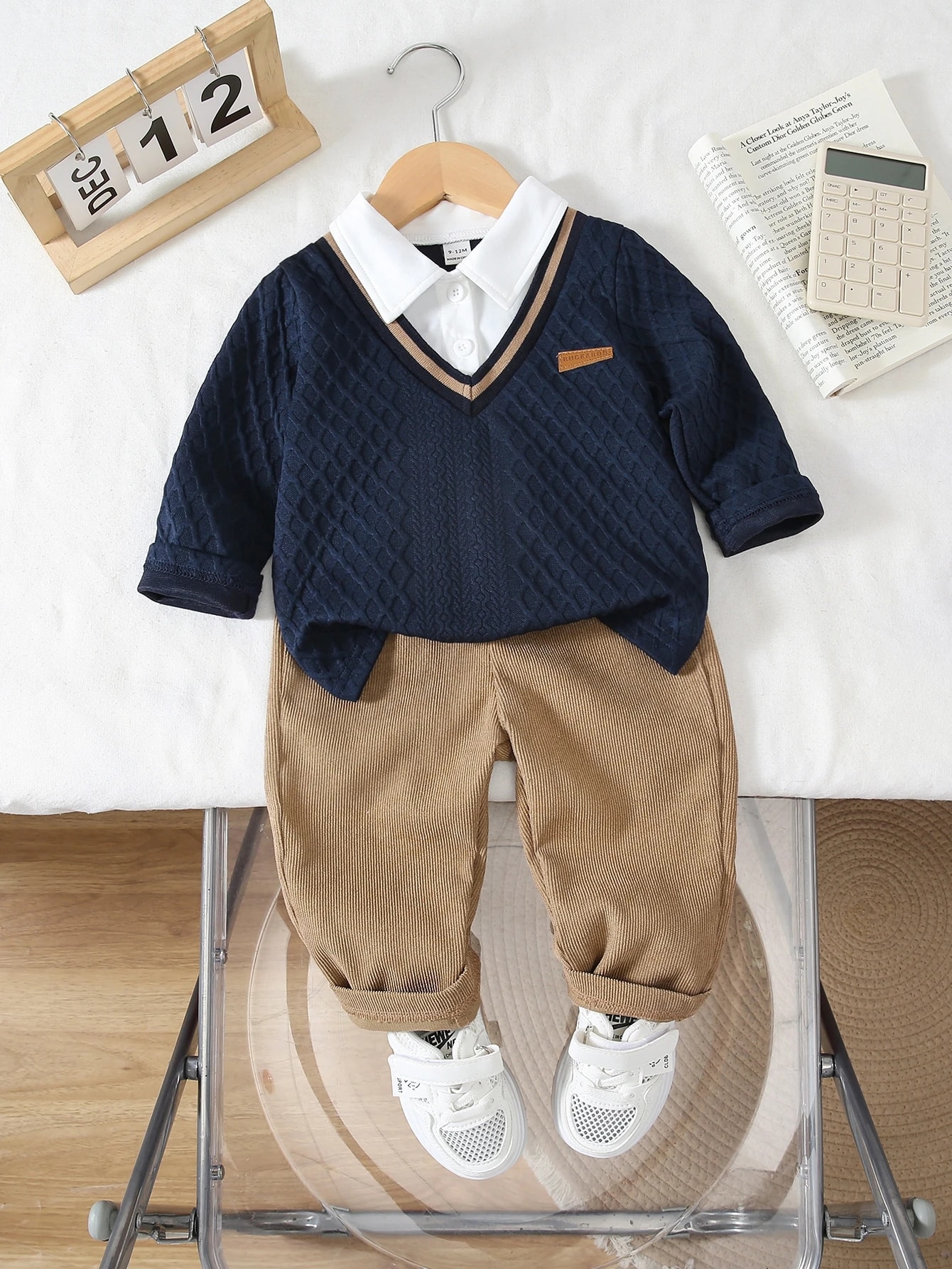 Ensemble 2 pièces polo et pantalon pour petit garçon, style preppy, noir et kaki — vue 9