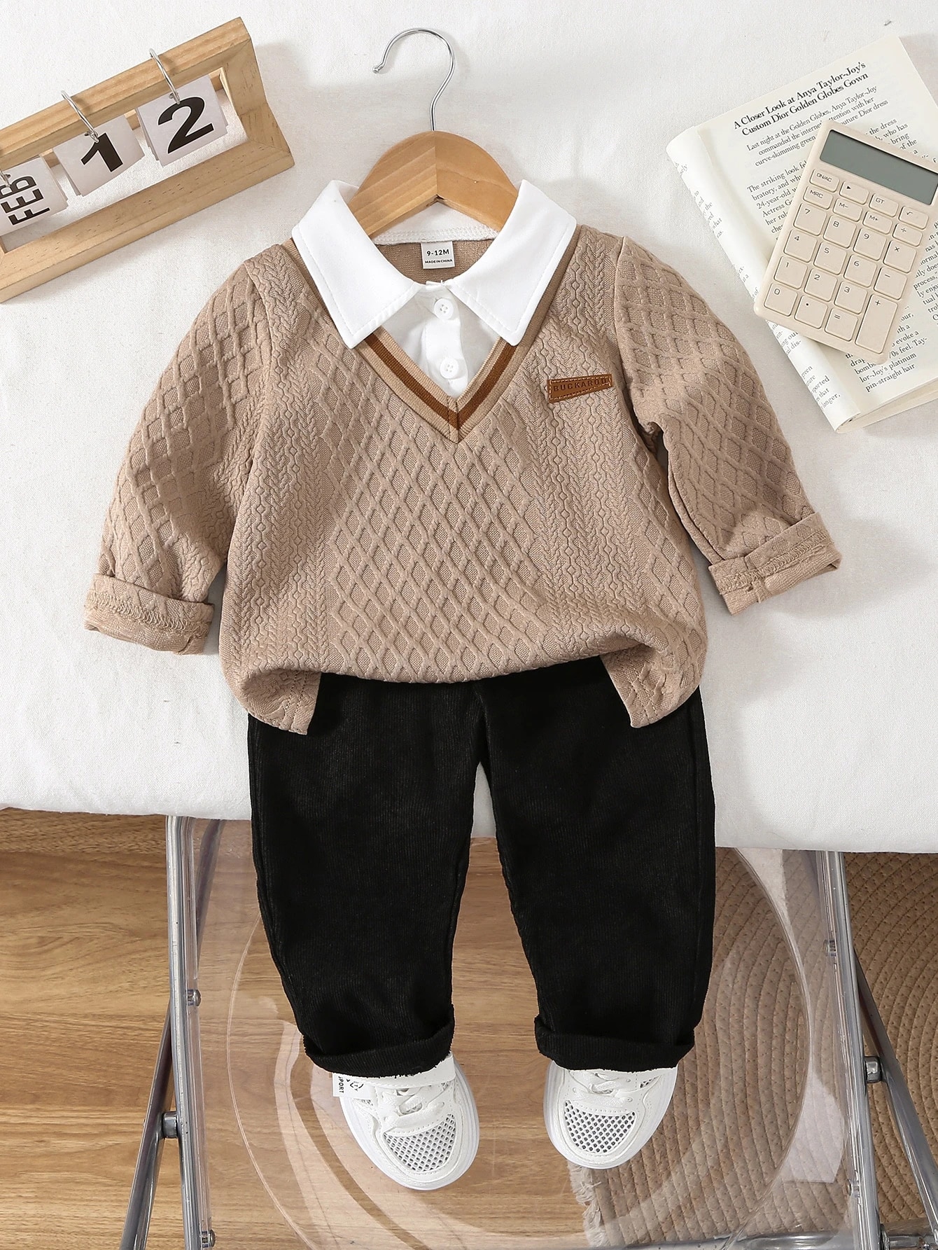 Ensemble 2 pièces polo et pantalon pour petit garçon, style preppy, noir et kaki — vue 7