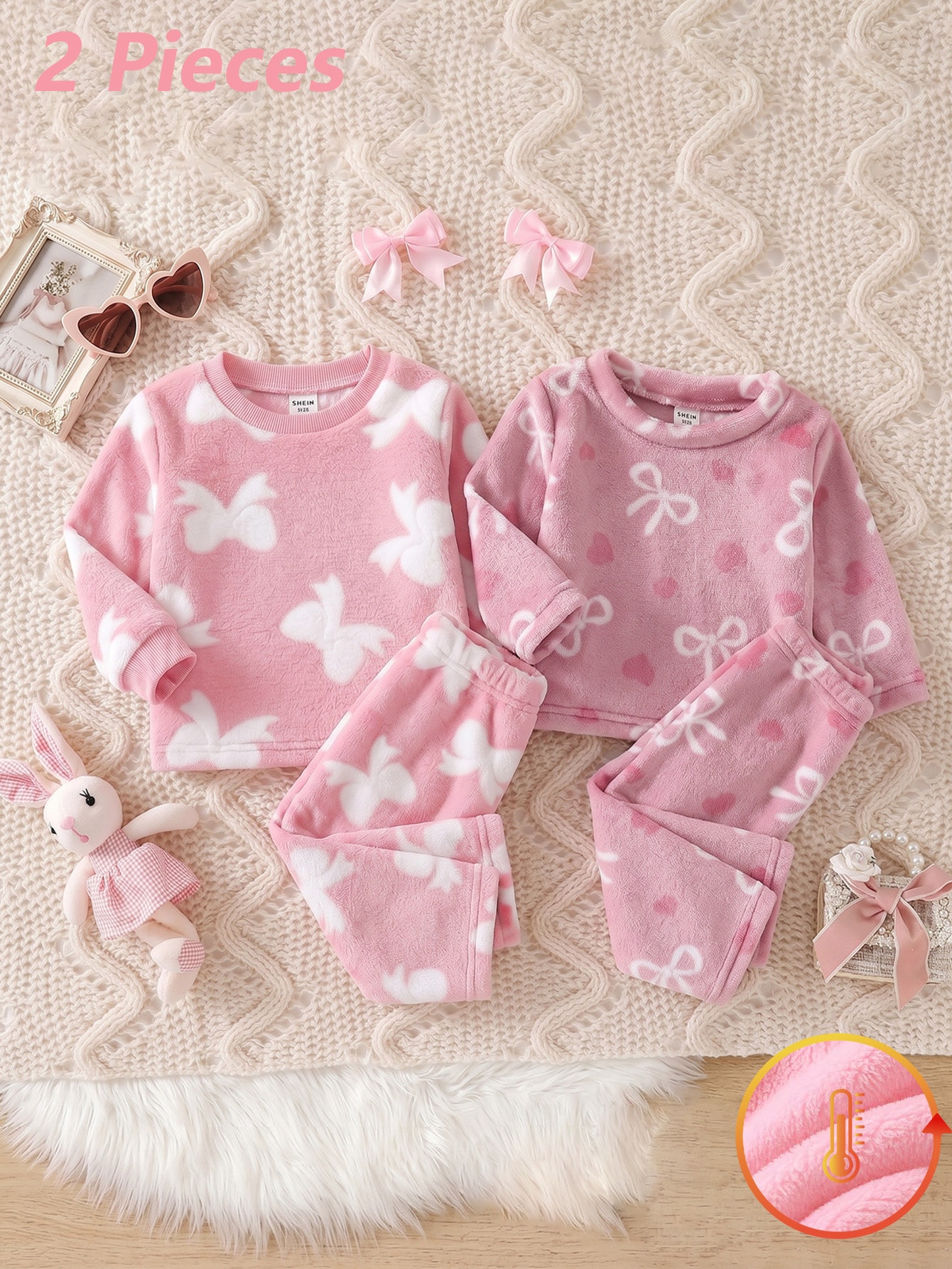 Ensemble 2 pièces pour bébé fille, style coréen doux, imprimé nœud rose, en — vue 7
