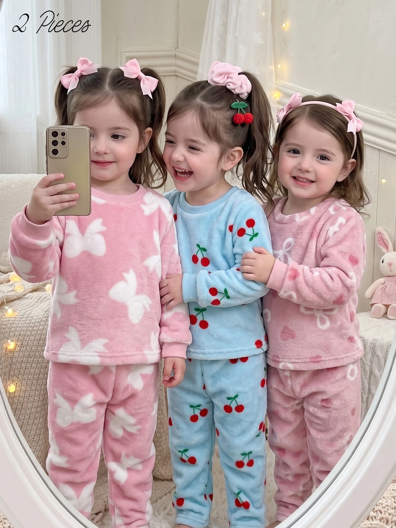 Ensemble 2 pièces pour bébé fille, style coréen doux, imprimé nœud rose, en — vue 9