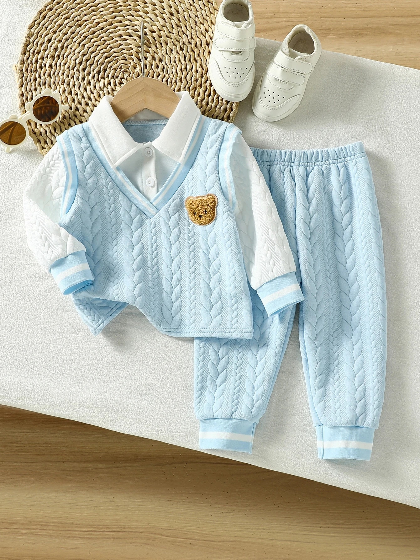 Ensemble 2 pièces polo et pantalon pour petit garçon, style preppy, noir et kaki — vue 10