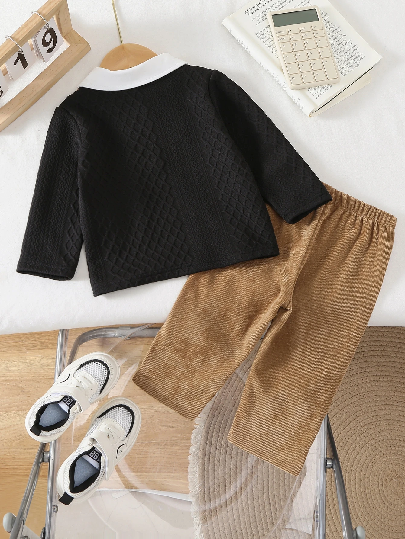 Ensemble 2 pièces polo et pantalon pour petit garçon, style preppy, noir et kaki — vue 12