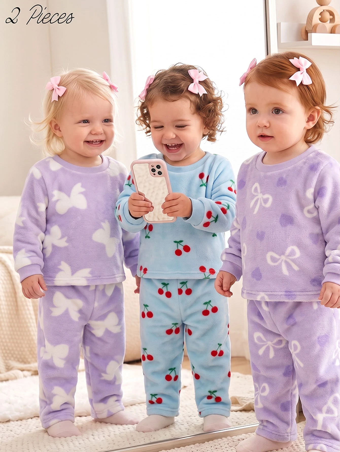 Ensemble 2 pièces pour bébé fille, style coréen doux, imprimé nœud rose, en — vue 8