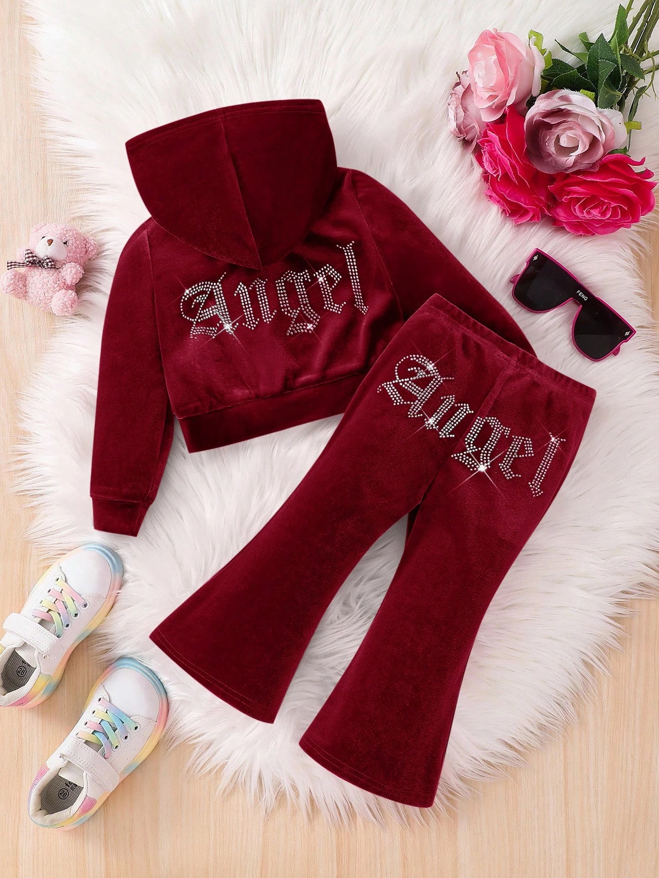 2 pièces Ensemble mode et mignon pour bébé fille, sweat-shirt à capuche en velours — vue 2