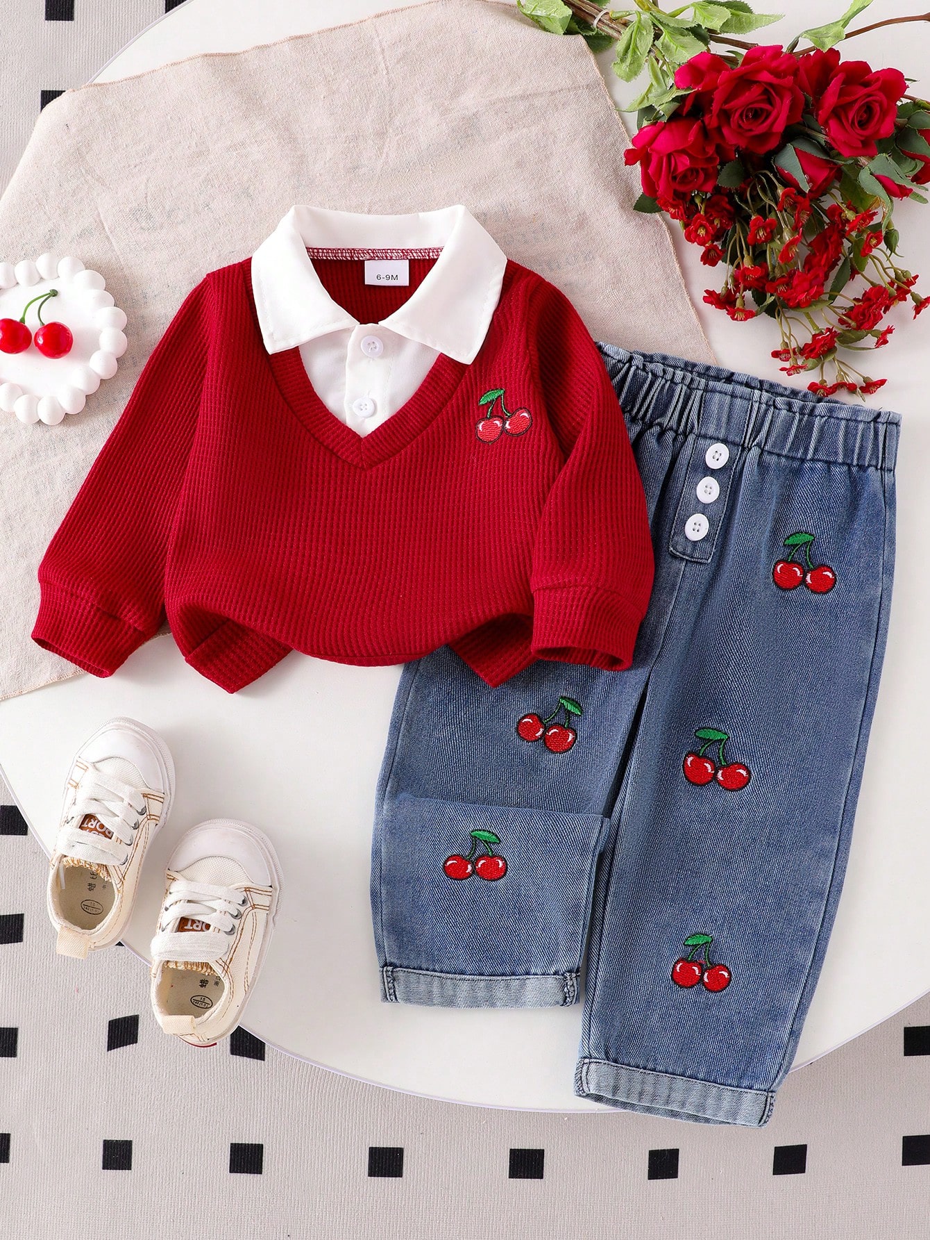 Ensemble 2 pièces pour bébé fille - Top à col chemise blocs de couleurs avec broderie