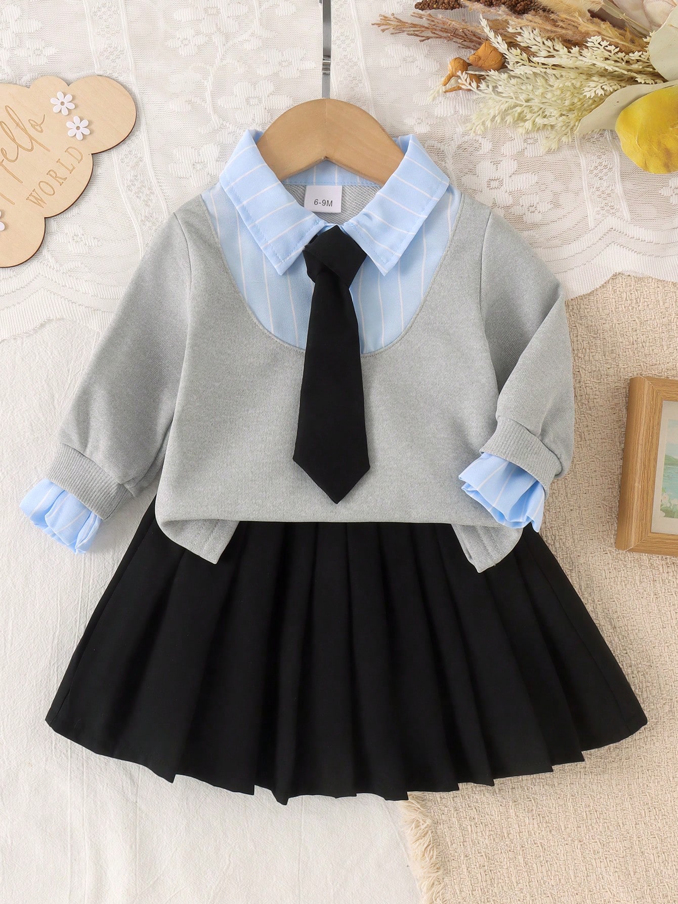 Ensemble Bébé Fille Style Académique 2 en 1 Sweat-shirt-shirt à Manches Longues avec Col
