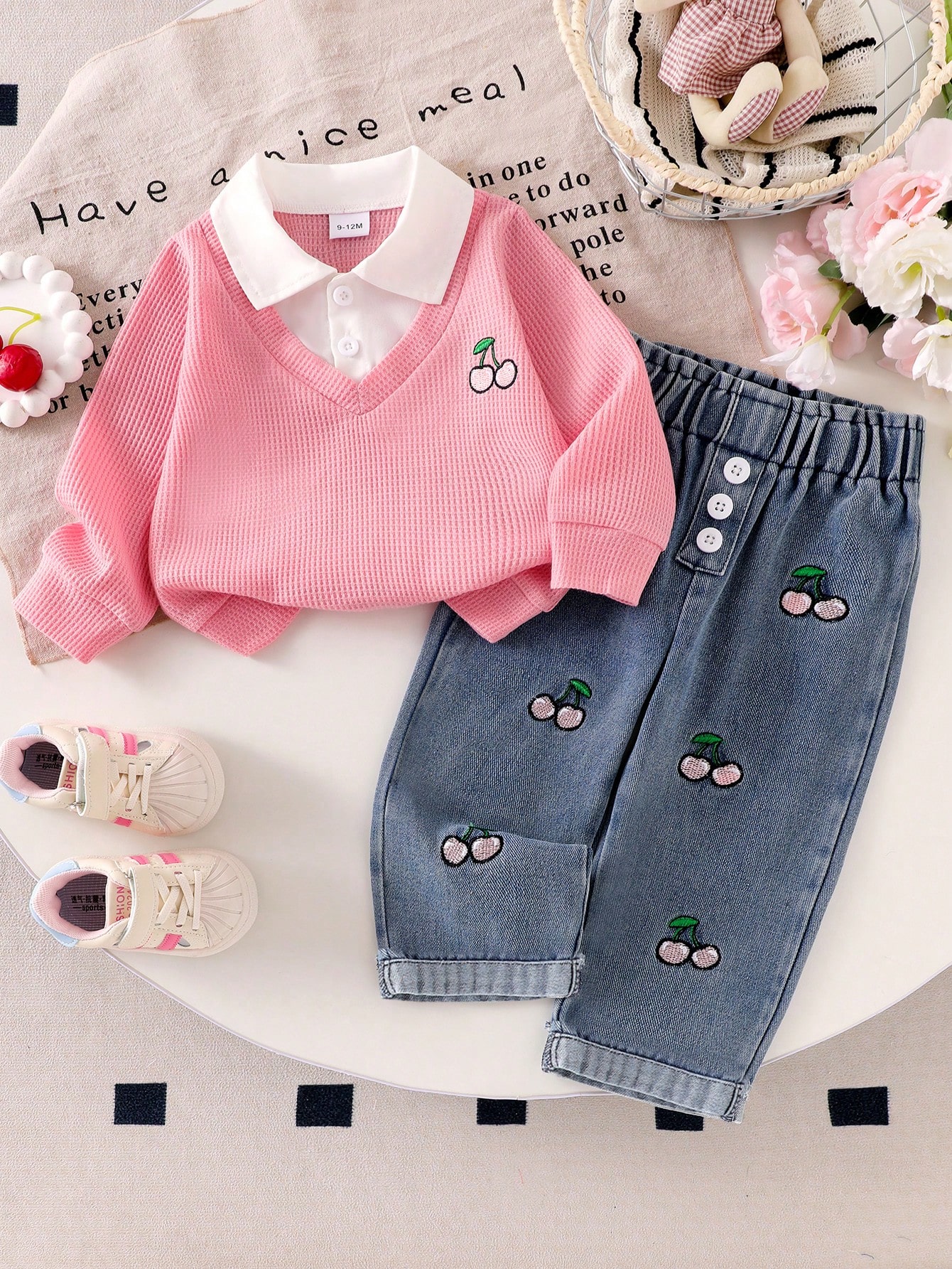 Ensemble 2 pièces pour bébé fille - Top à col chemise blocs de couleurs avec broderie — vue 2