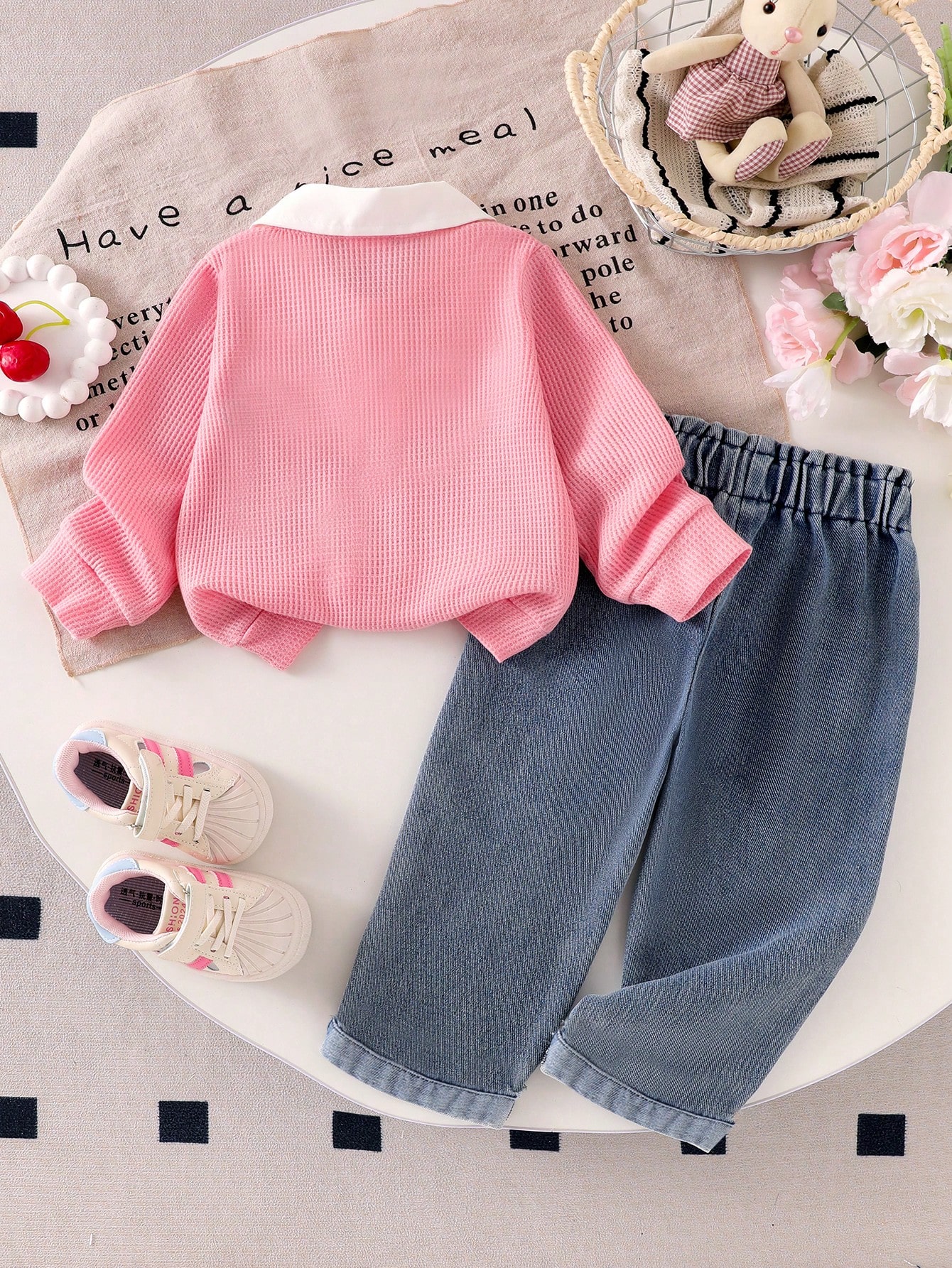 Ensemble 2 pièces pour bébé fille - Top à col chemise blocs de couleurs avec broderie — vue 4