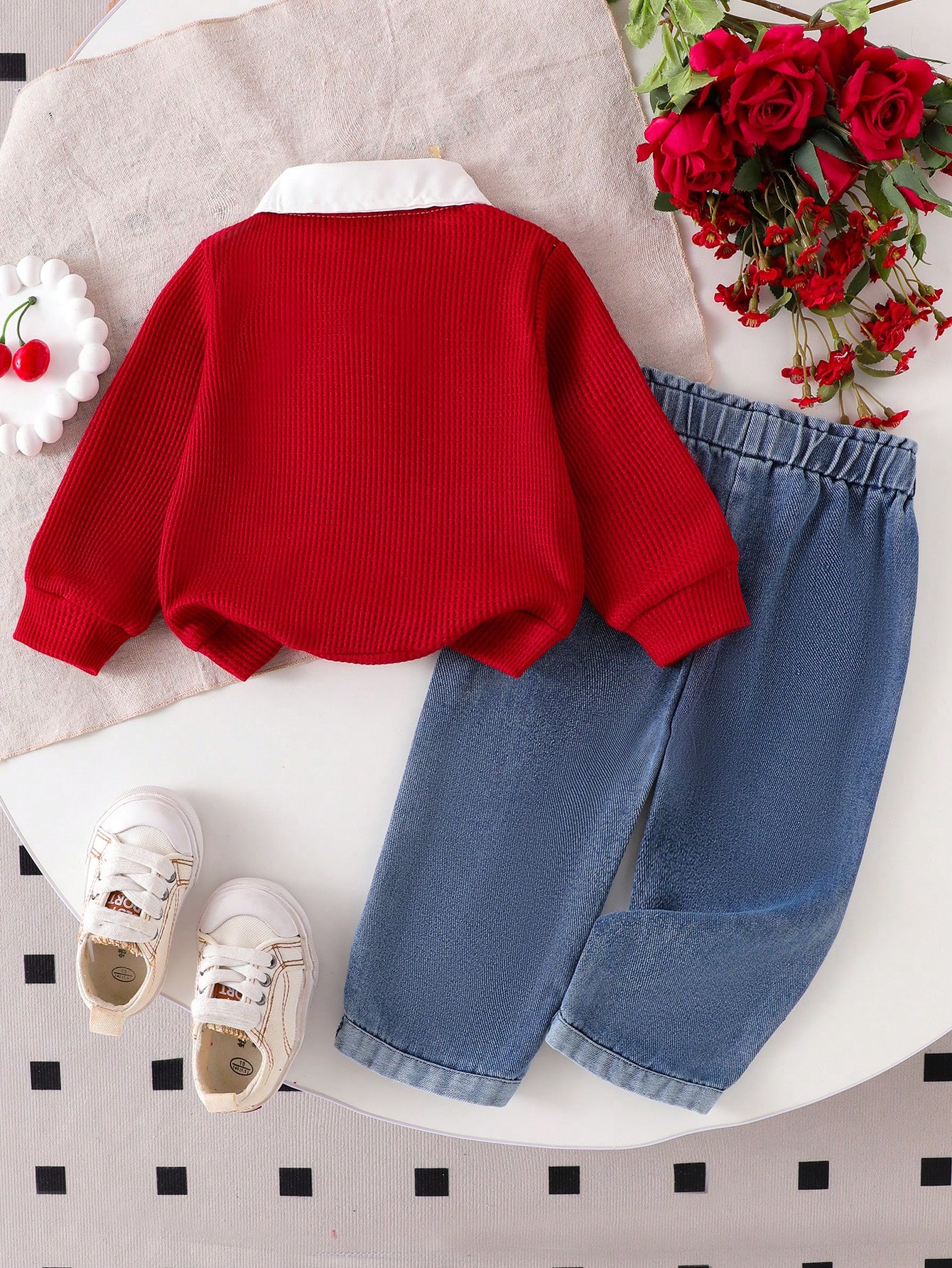 Ensemble 2 pièces pour bébé fille - Top à col chemise blocs de couleurs avec broderie — vue 3