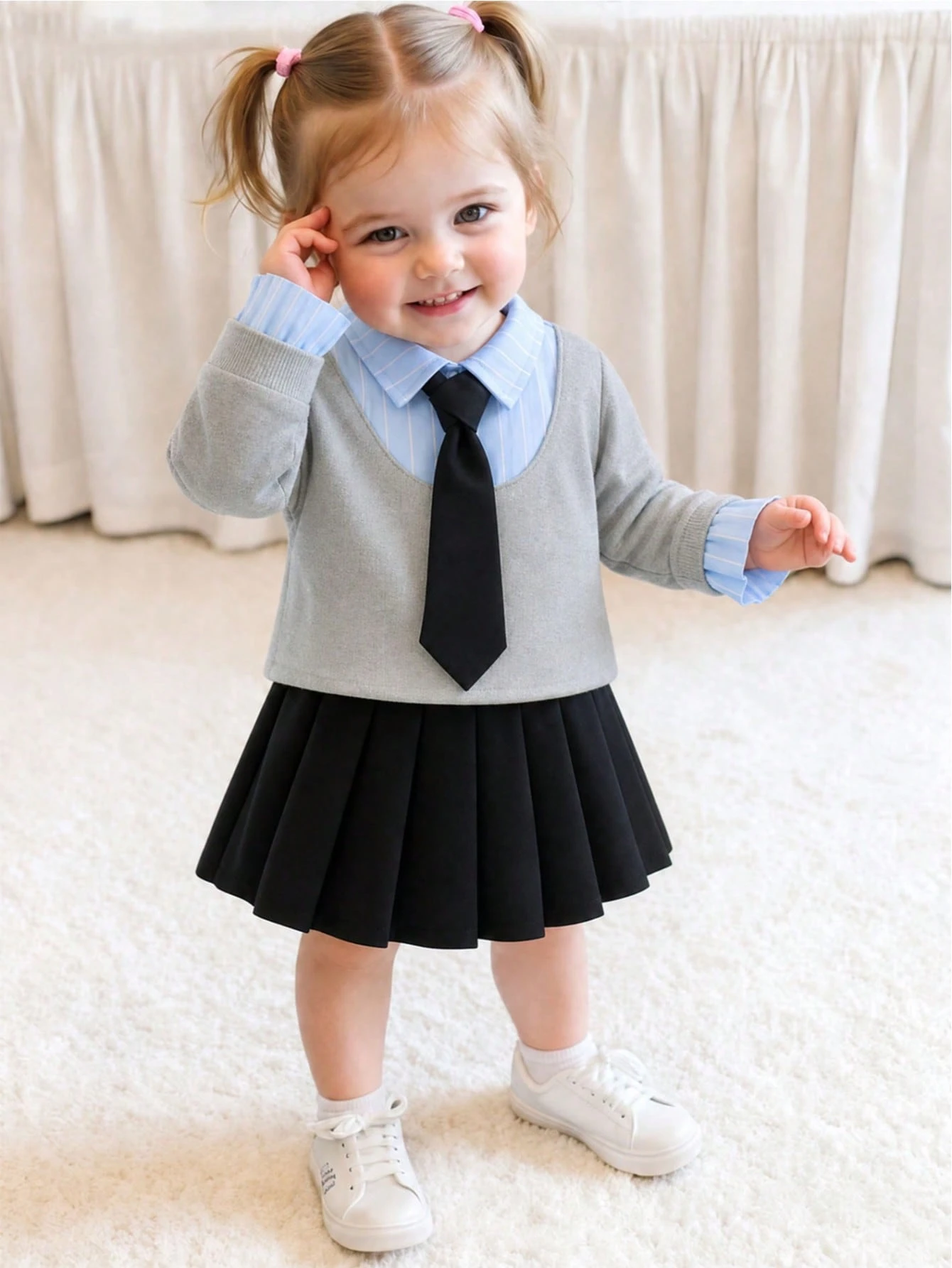 Ensemble Bébé Fille Style Académique 2 en 1 Sweat-shirt-shirt à Manches Longues avec Col — vue 3