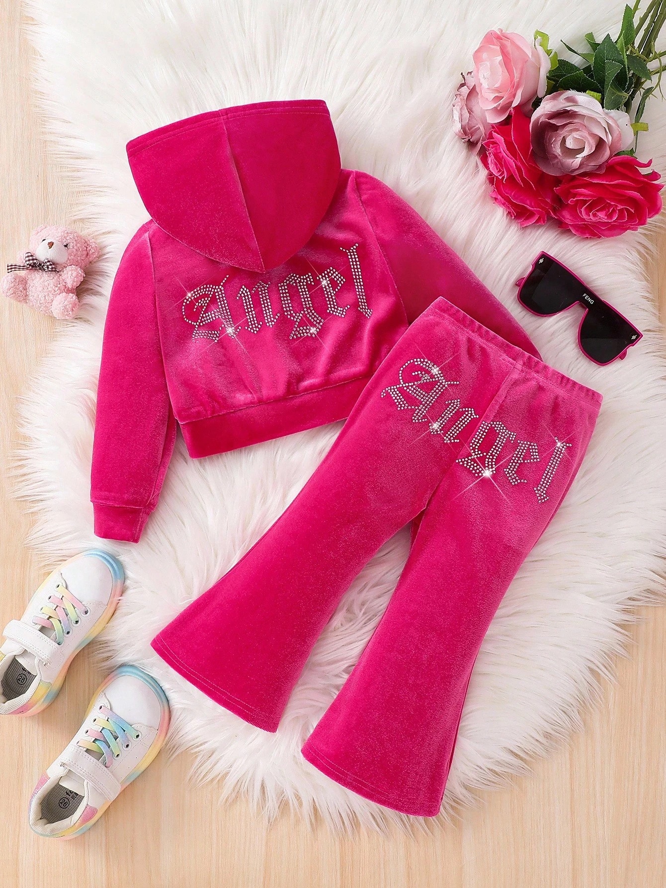 2 pièces Ensemble mode et mignon pour bébé fille, sweat-shirt à capuche en velours — vue 3