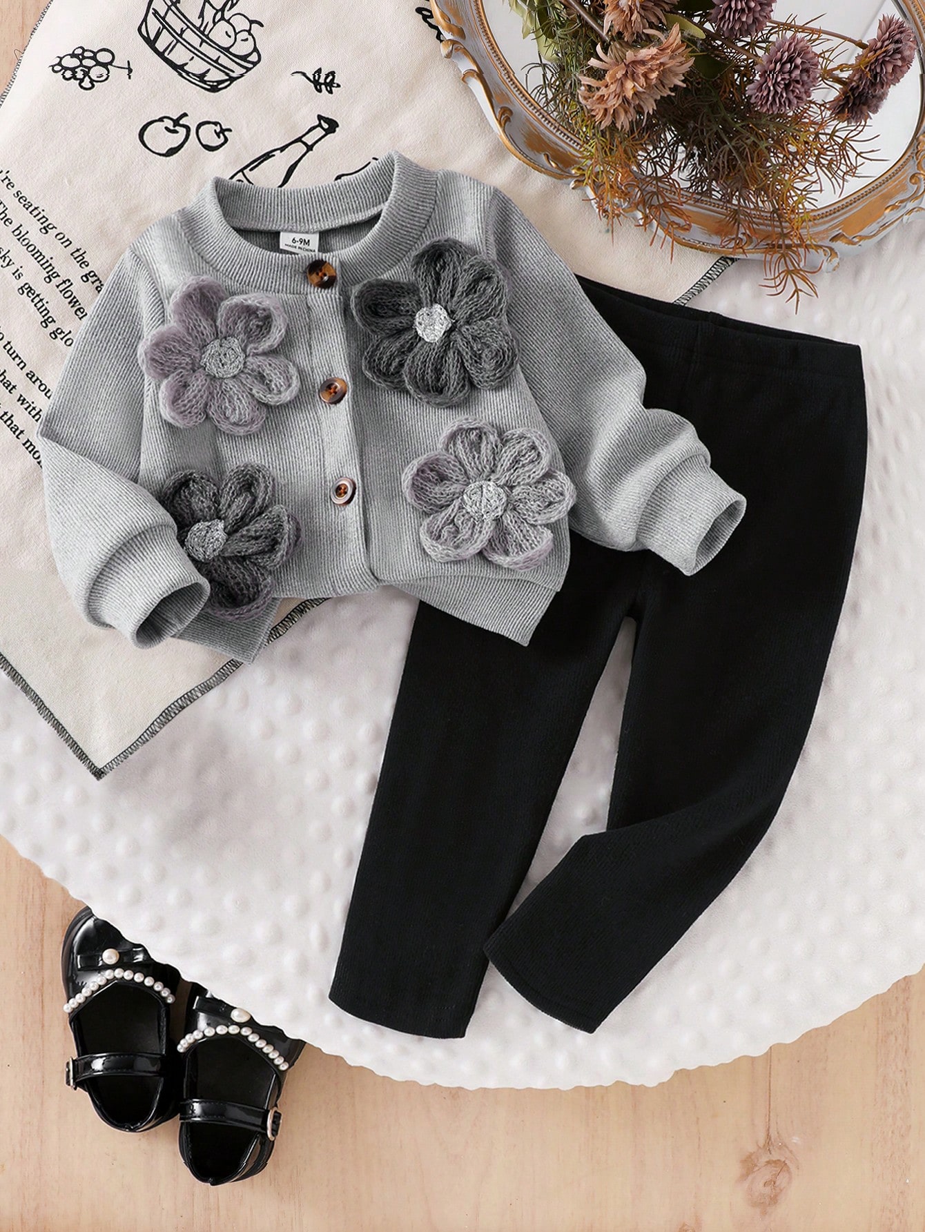 Enfant/Bébé (Fille) Ensemble 2 pièces avec cardigan à manches longues côtelé marron — vue 3
