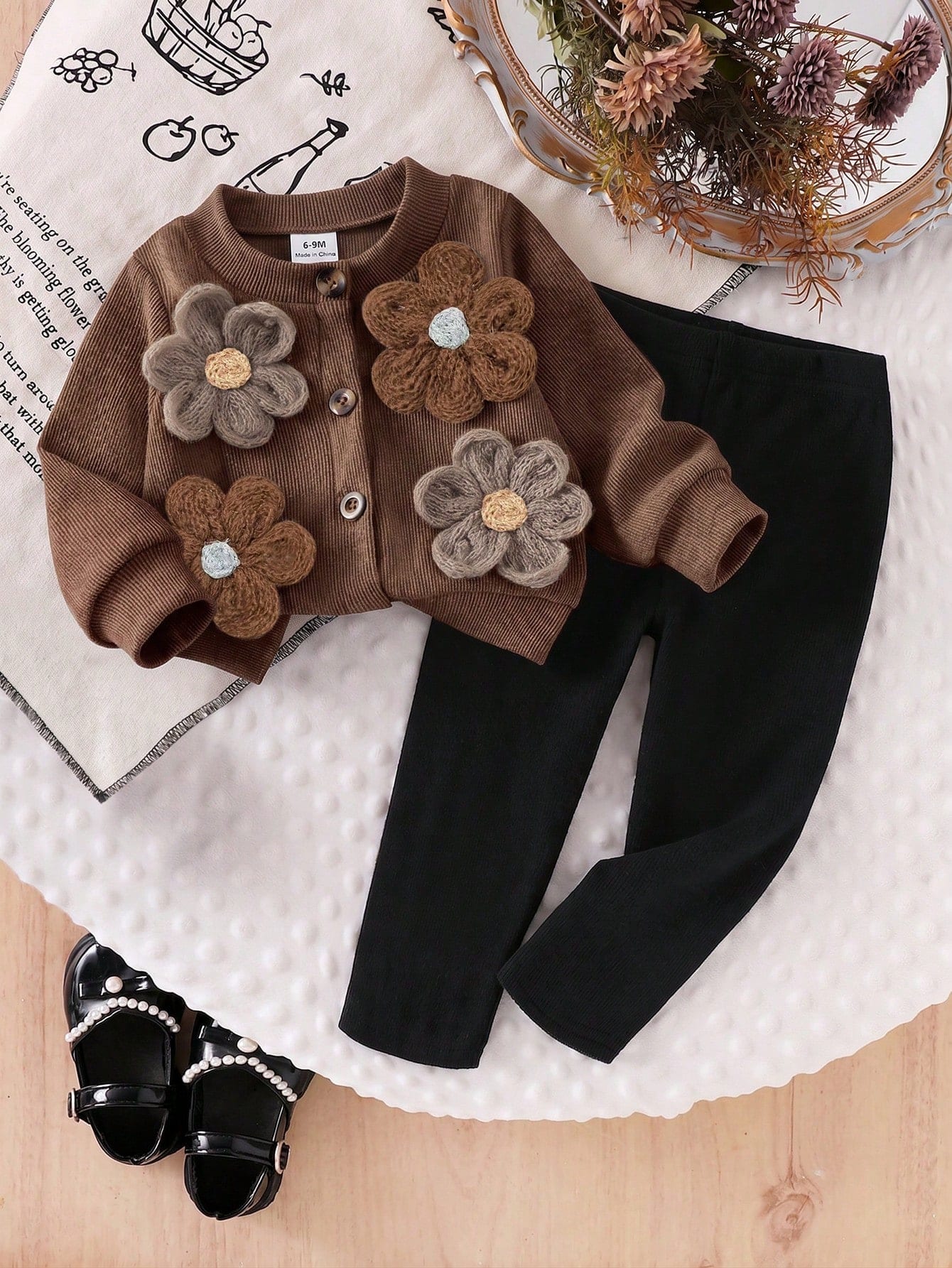 Enfant/Bébé (Fille) Ensemble 2 pièces avec cardigan à manches longues côtelé marron