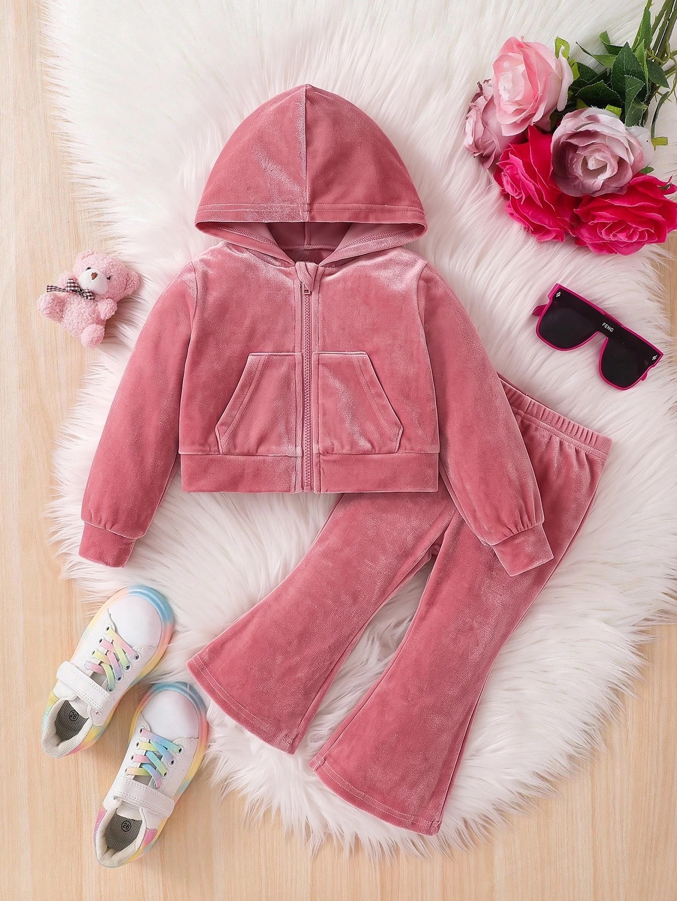 2 pièces Ensemble mode et mignon pour bébé fille, sweat-shirt à capuche en velours — vue 11