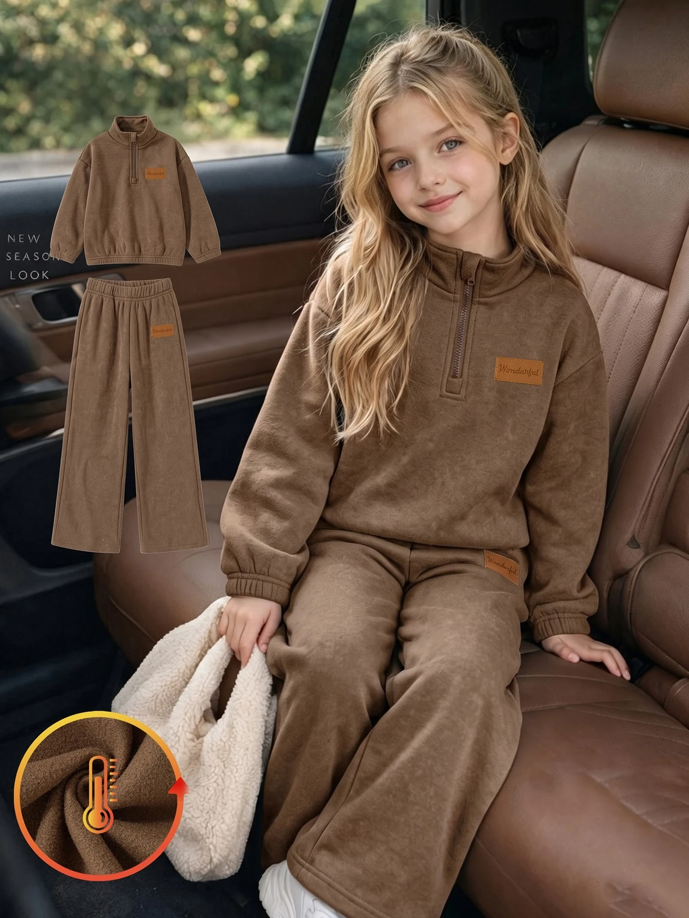 Ensemble 2 pièces pour filles, imprimé léopard rose, doublé de thermique, Top à col — vue 2
