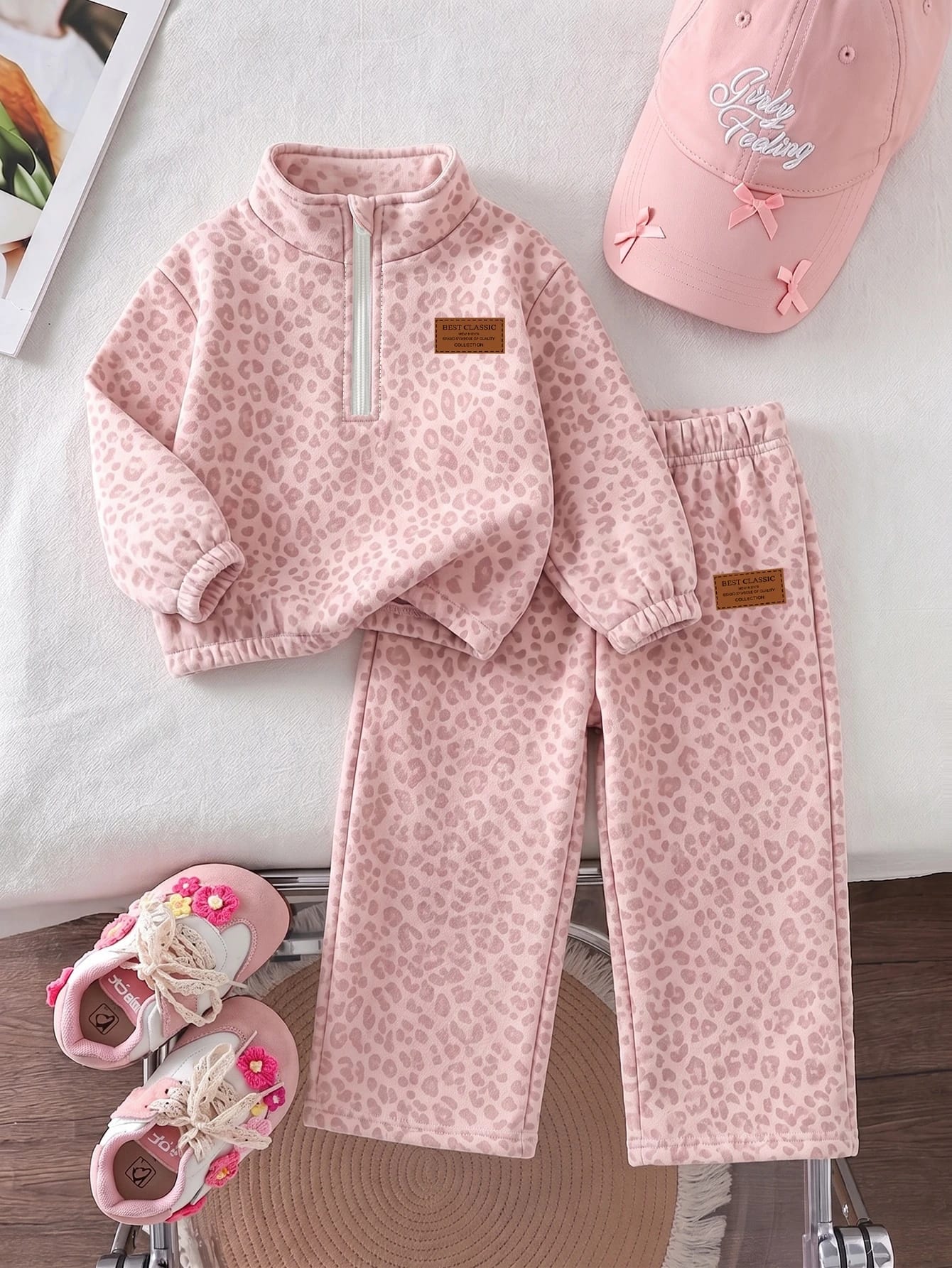 Ensemble 2 pièces pour filles, imprimé léopard rose, doublé de thermique, Top à col