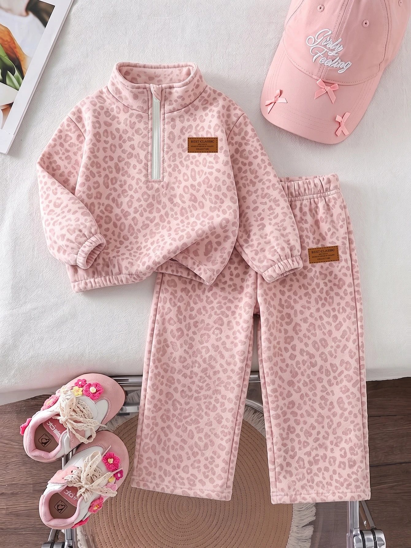 Ensemble 2 pièces pour filles, imprimé léopard rose, doublé de thermique, Top à col