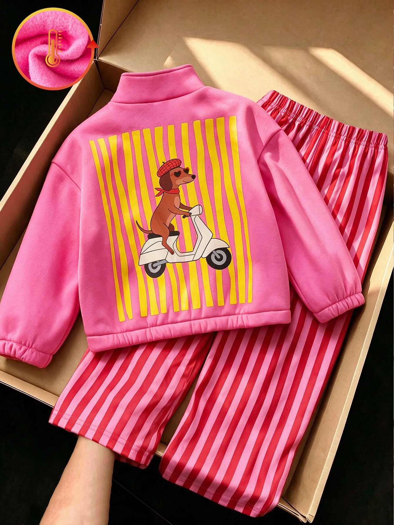 Ensemble 2 pièces pour filles, imprimé léopard rose, doublé de thermique, Top à col — vue 3