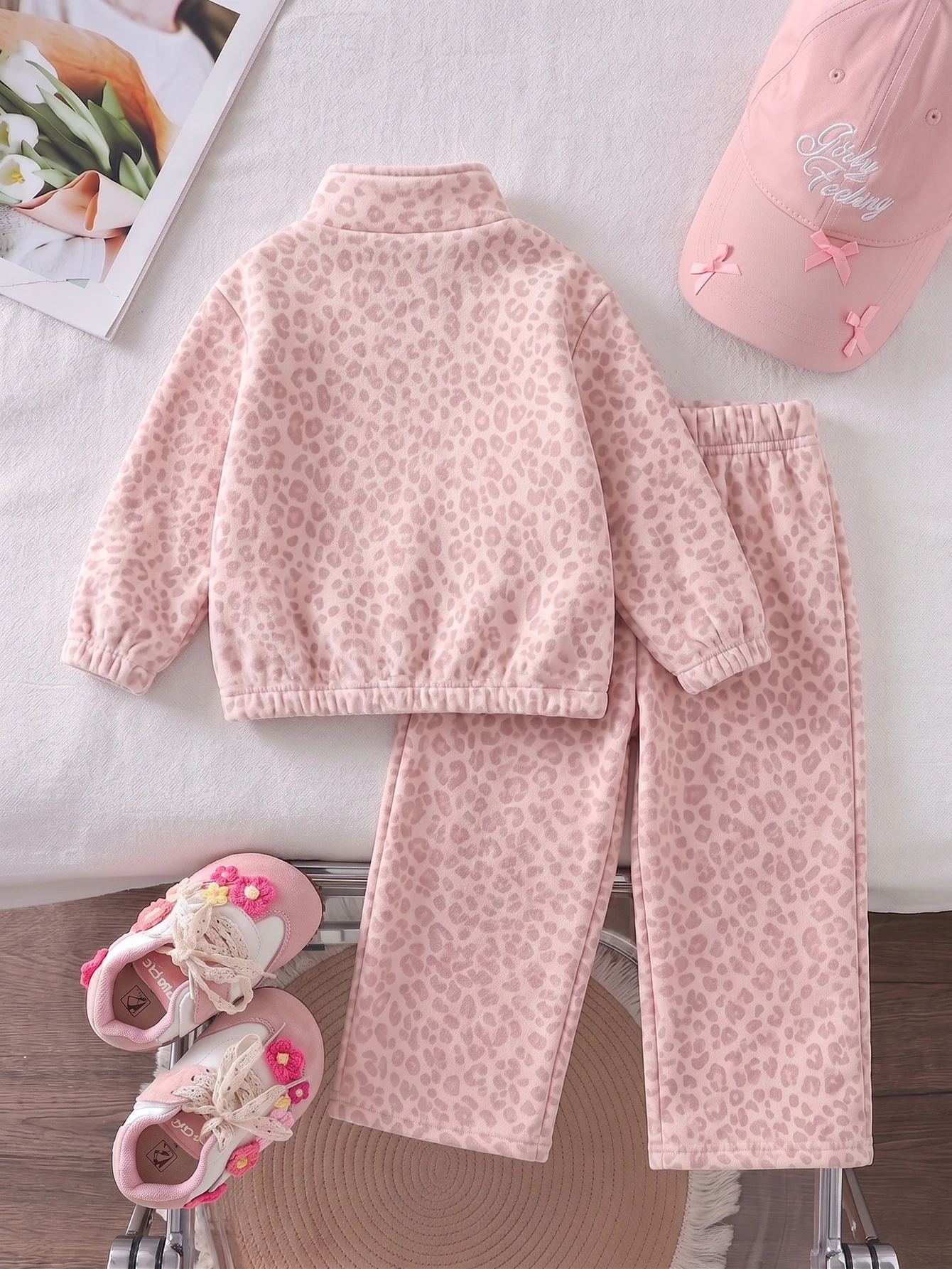 Ensemble 2 pièces pour filles, imprimé léopard rose, doublé de thermique, Top à col — vue 4