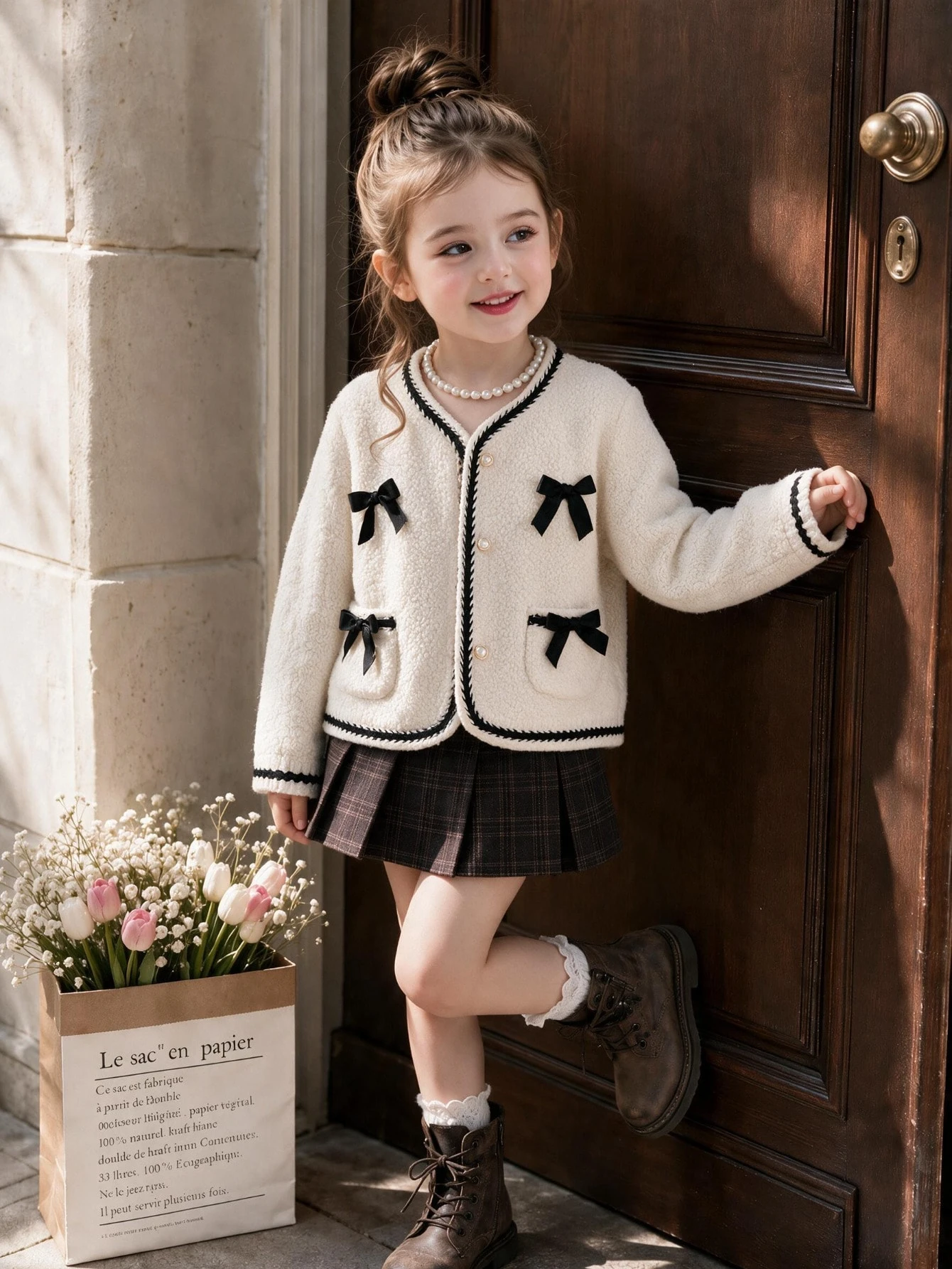 Veste composite en suédine blanche et mouton pour jeunes filles et bébés, avec — vue 6
