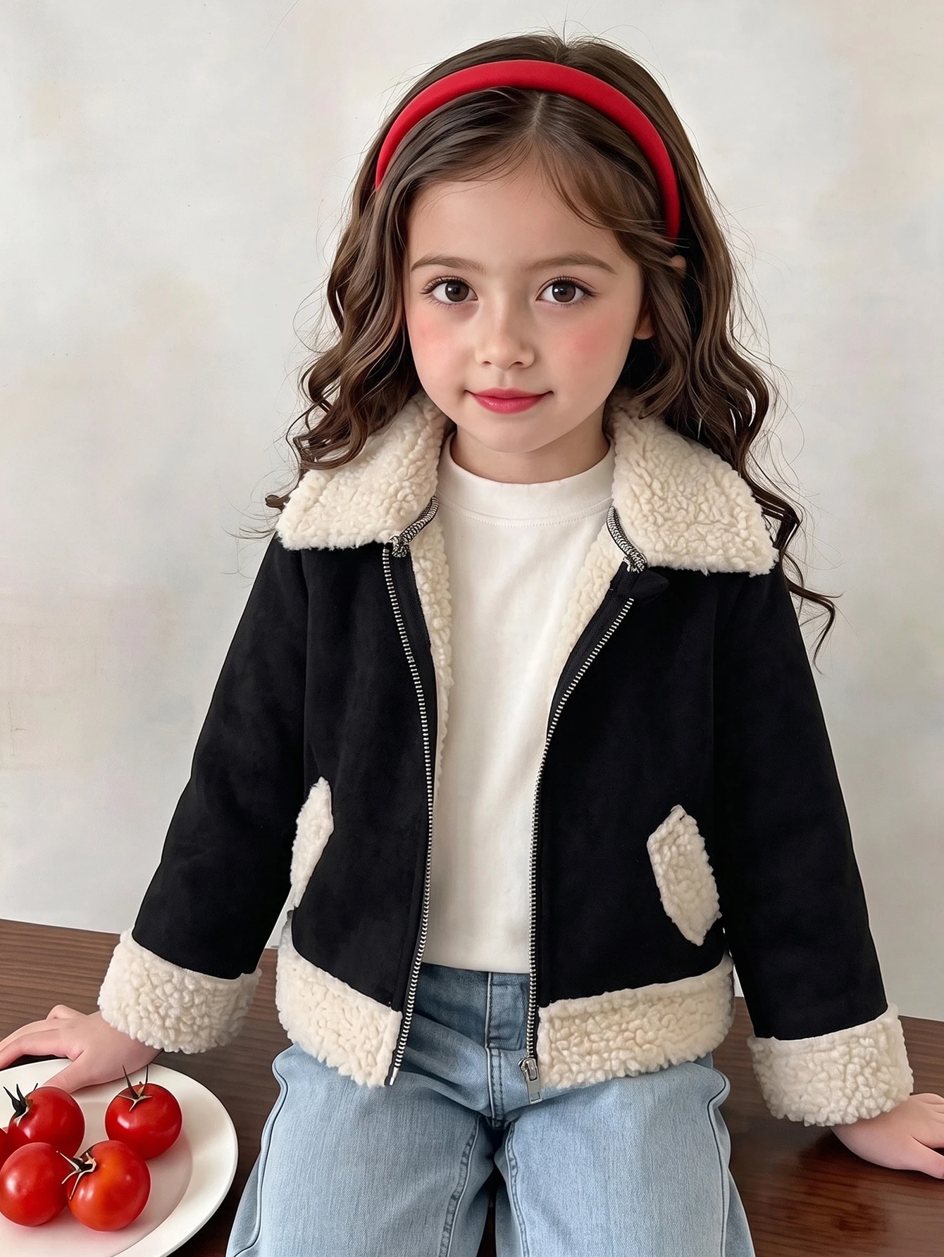 Veste composite en suédine blanche et mouton pour jeunes filles et bébés, avec — vue 4