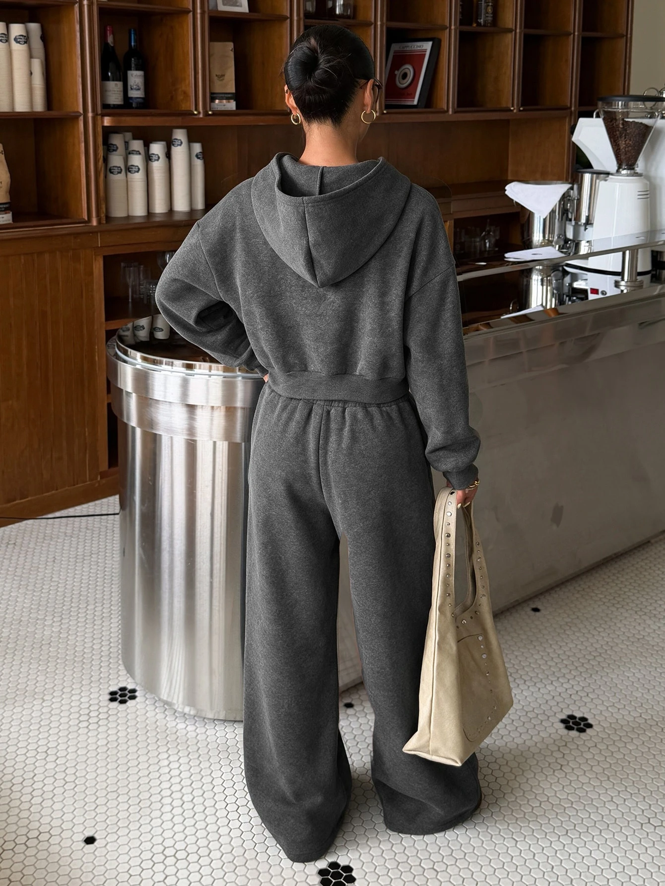 Muchica Ensemble sweat-shirt & pantalon de survêtement ample à devant ouvert, doublé — vue 4