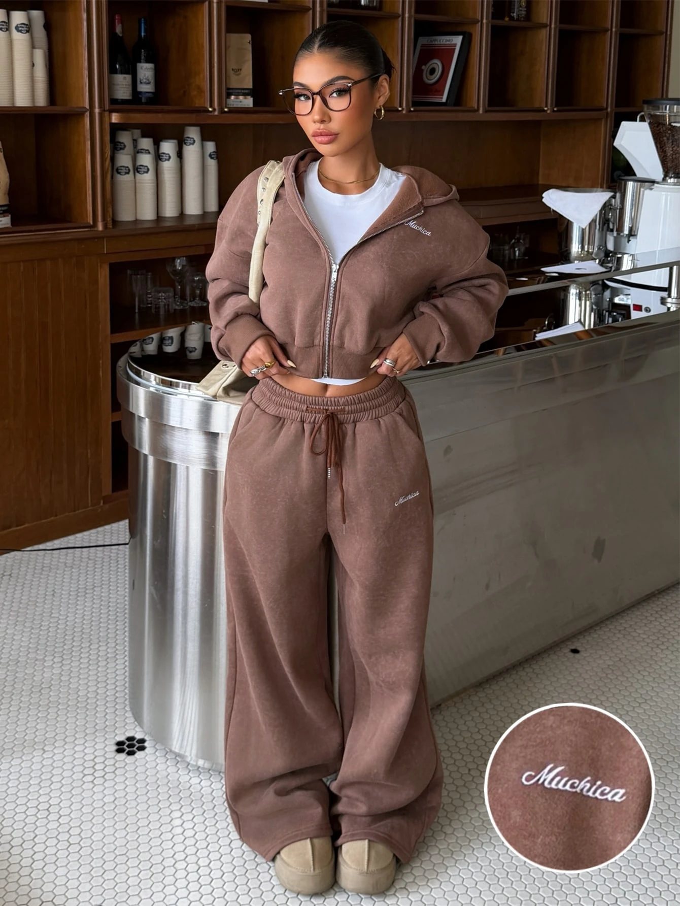 Muchica Ensemble sweat-shirt & pantalon de survêtement ample à devant ouvert, doublé
