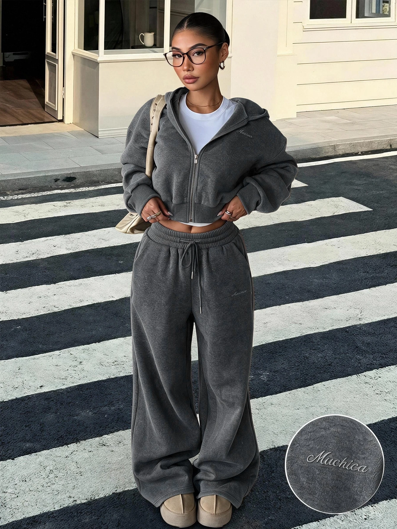 Muchica Ensemble sweat-shirt & pantalon de survêtement ample à devant ouvert, doublé — vue 6
