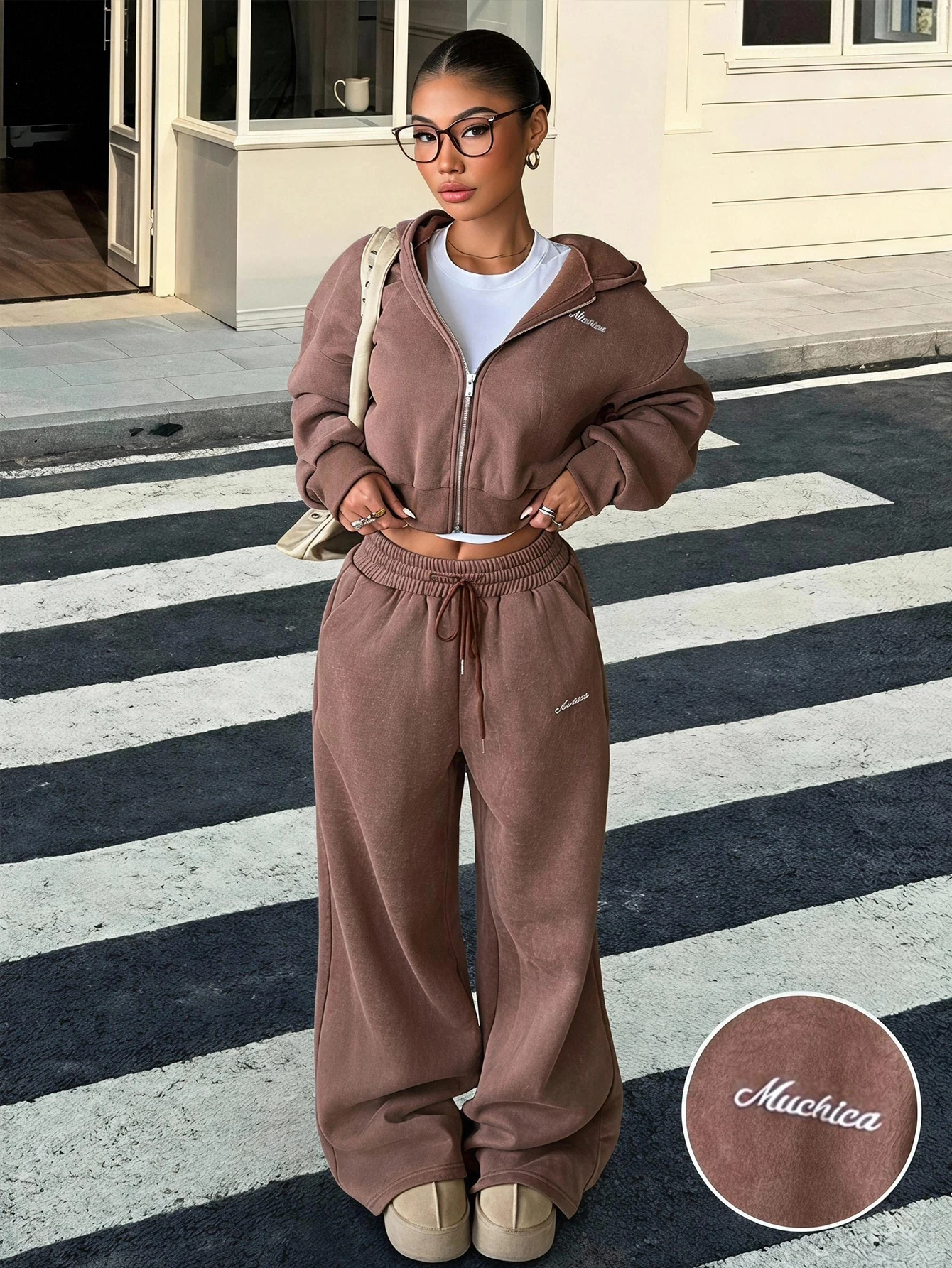 Muchica Ensemble sweat-shirt & pantalon de survêtement ample à devant ouvert, doublé — vue 3