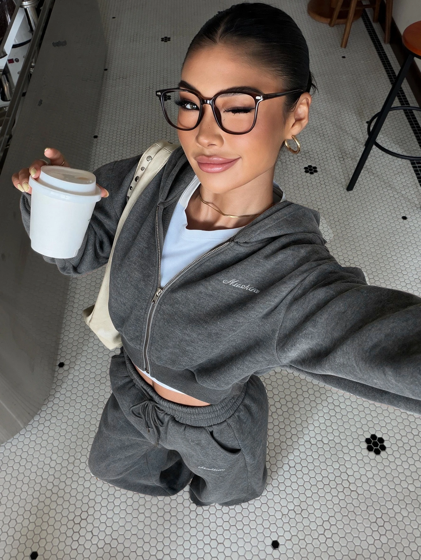 Muchica Ensemble sweat-shirt & pantalon de survêtement ample à devant ouvert, doublé — vue 8
