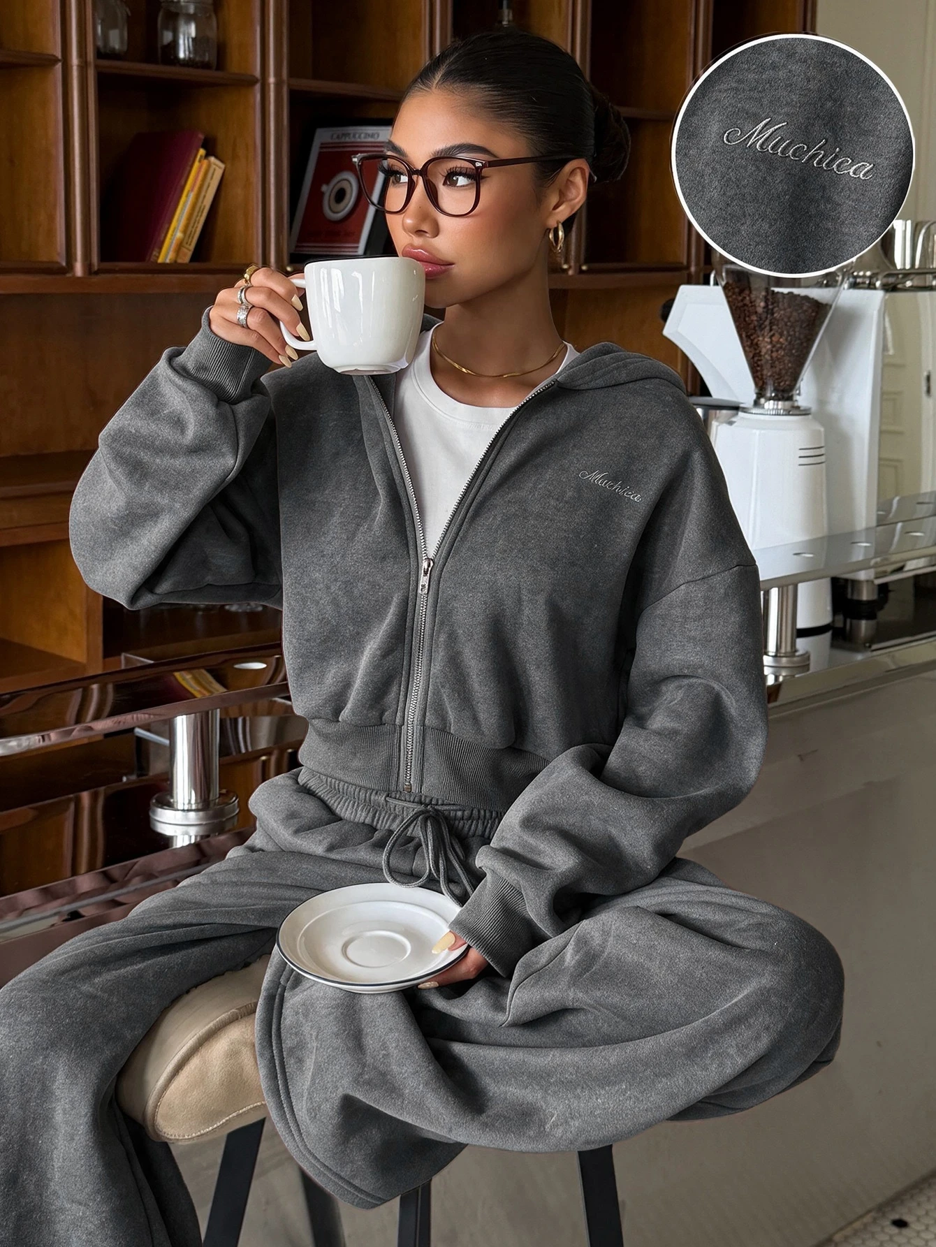 Muchica Ensemble sweat-shirt & pantalon de survêtement ample à devant ouvert, doublé — vue 12