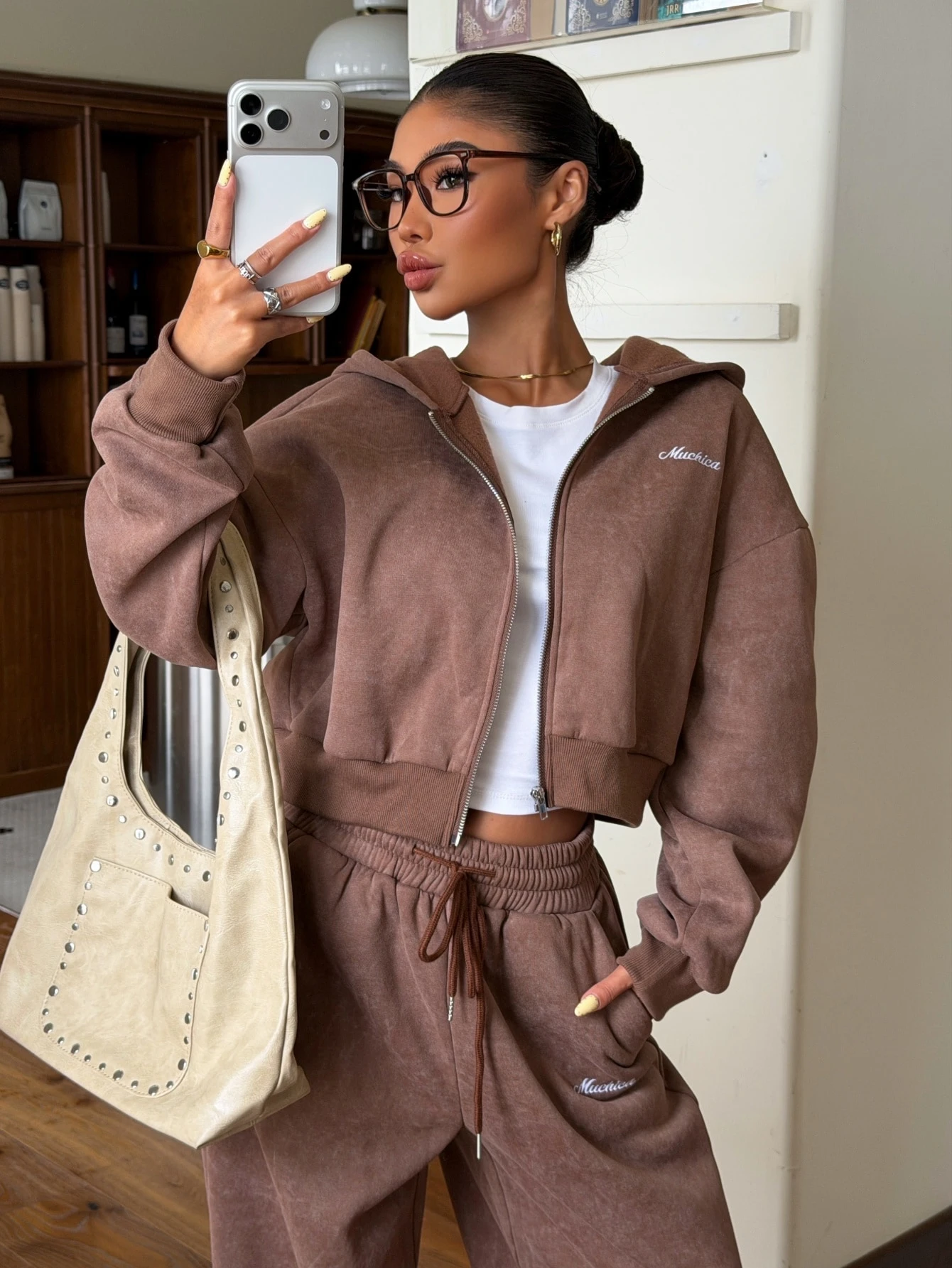 Muchica Ensemble sweat-shirt & pantalon de survêtement ample à devant ouvert, doublé — vue 7