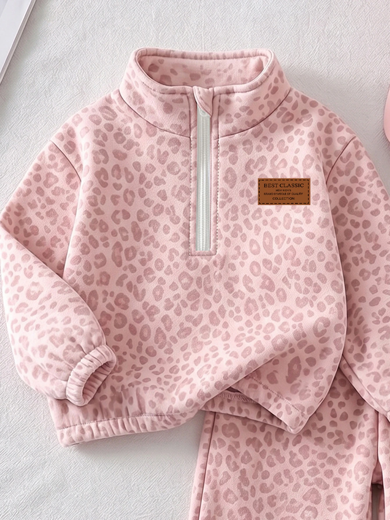 Ensemble 2 pièces pour filles, imprimé léopard rose, doublé de thermique, Top à col — vue 8