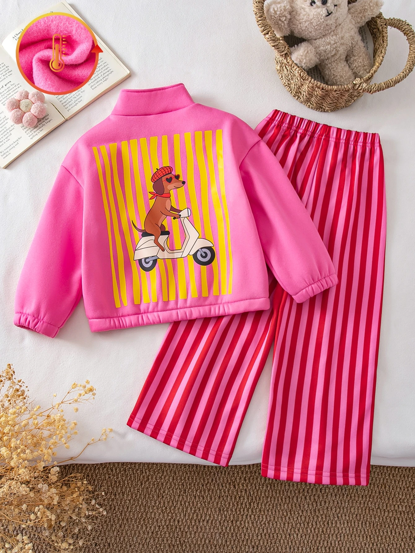 Ensemble 2 pièces pour filles, imprimé léopard rose, doublé de thermique, Top à col — vue 10