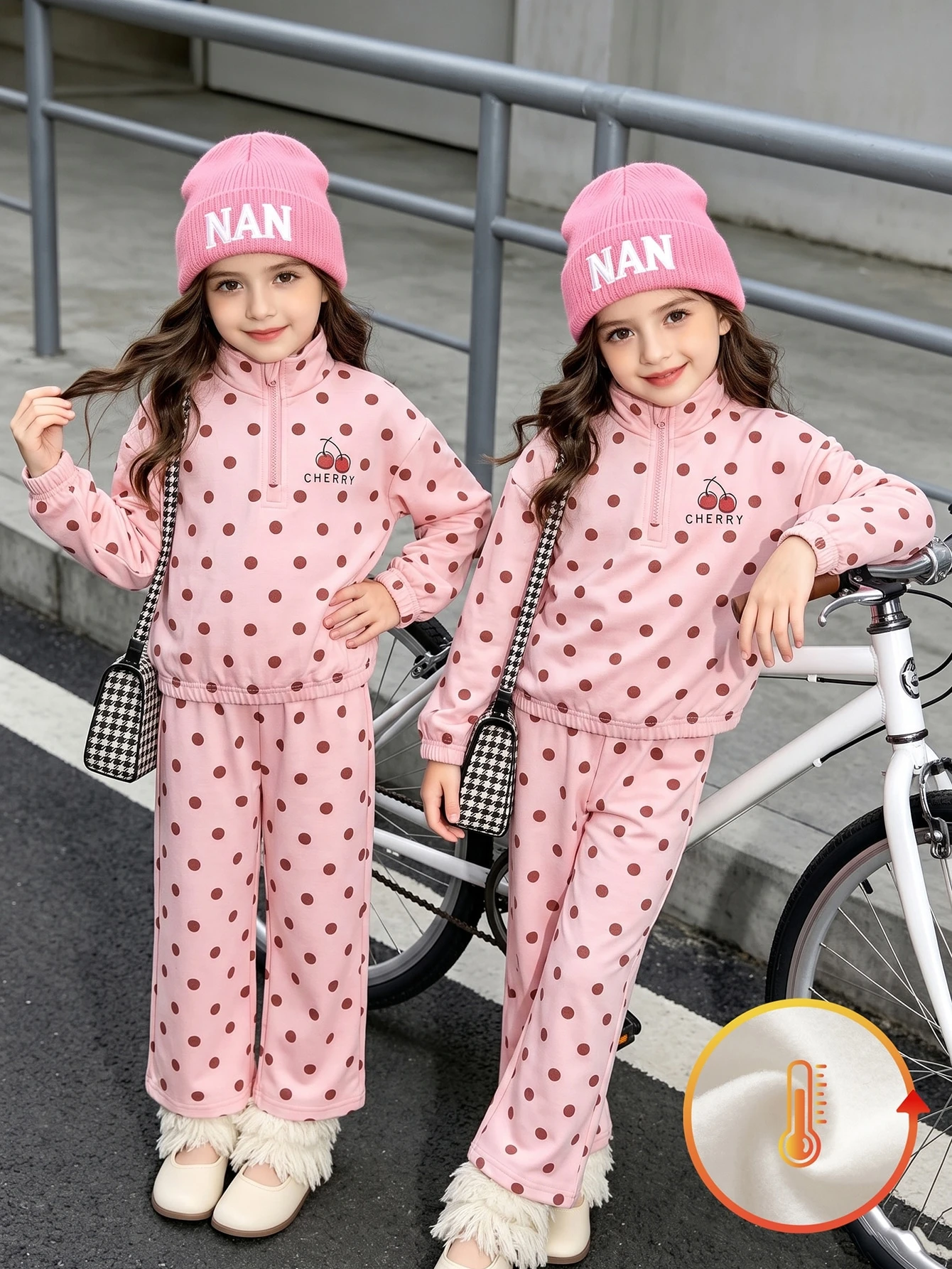 Ensemble 2 pièces pour filles, imprimé léopard rose, doublé de thermique, Top à col — vue 11