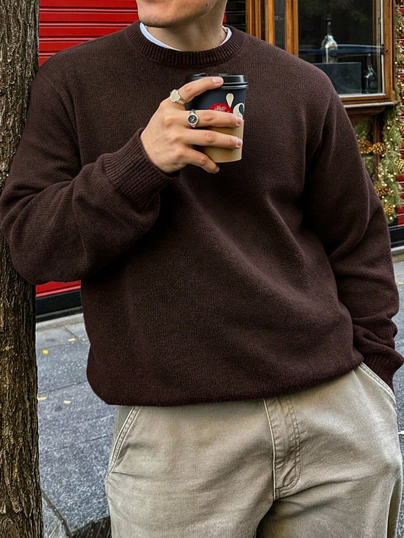 Pull-over à col rond en tricot de couleur unie, décontracté, ample et minimaliste, de — vue 2