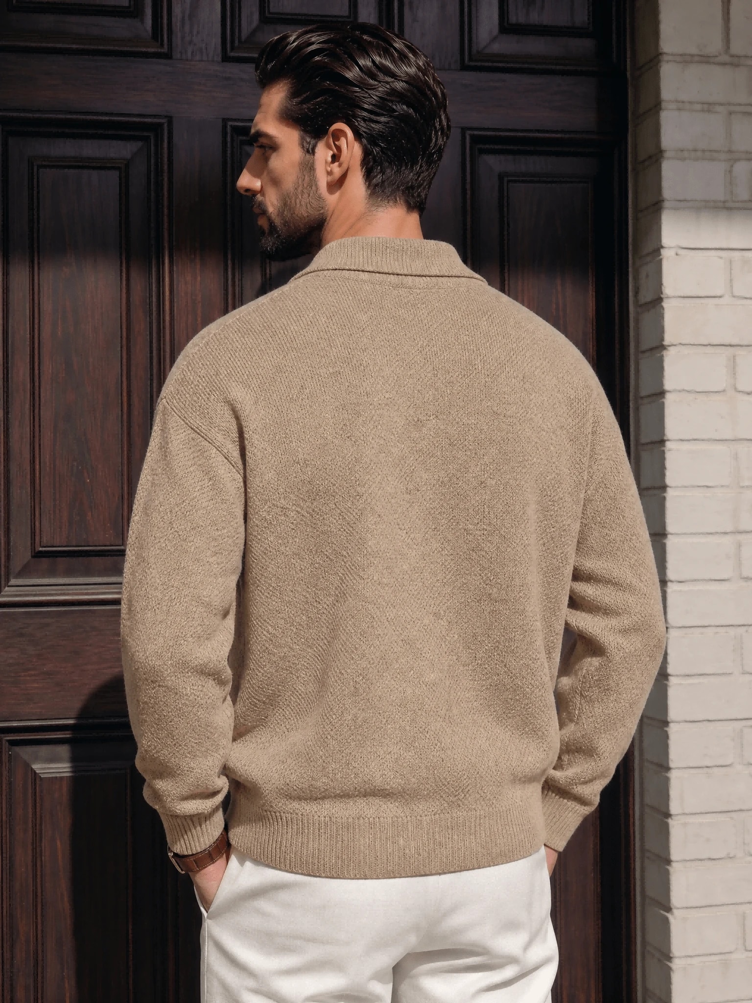 Pull polo tricoté pour homme, style Old Money décontracté chic, couleur unie, — vue 3