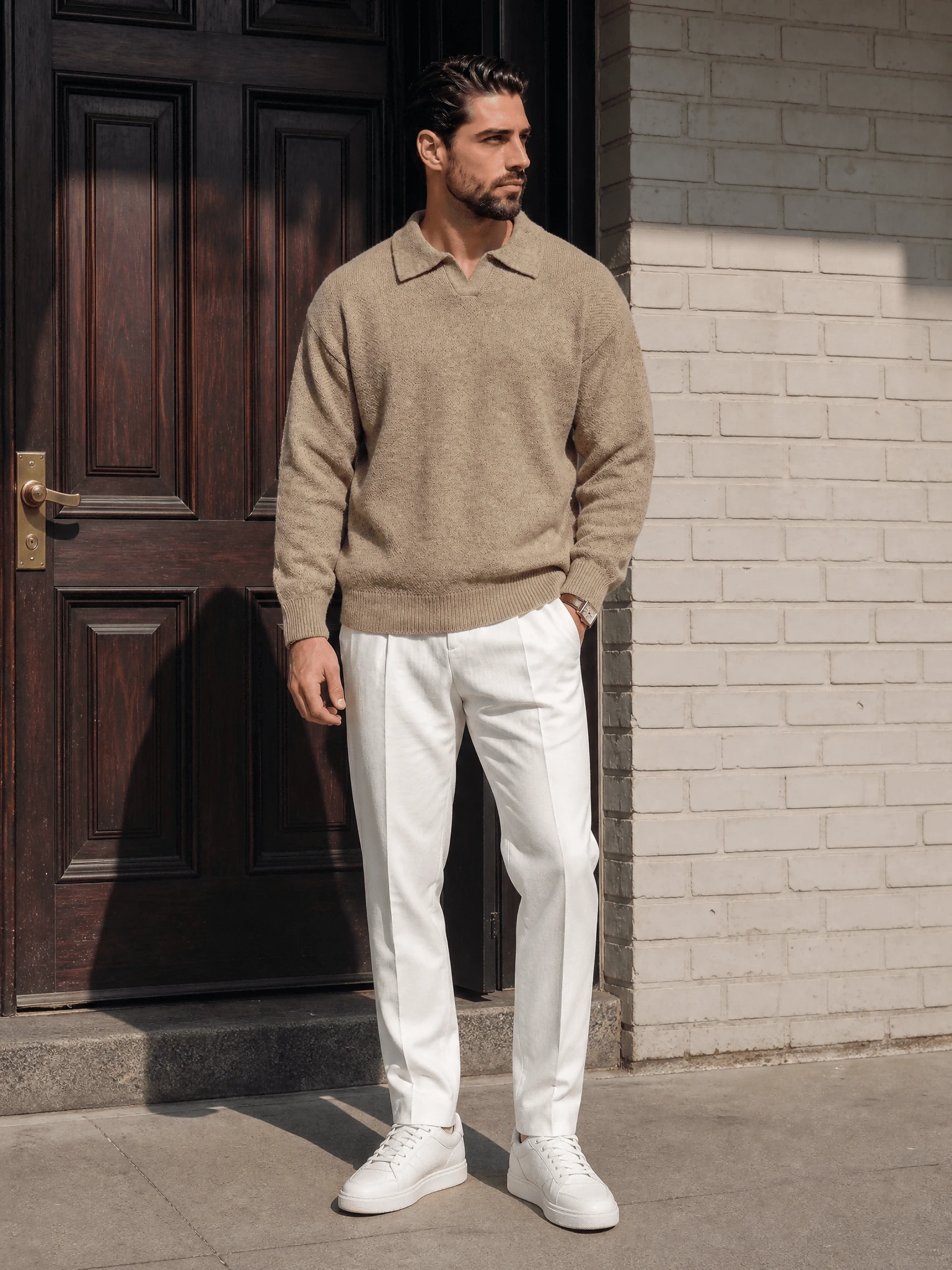 Pull polo tricoté pour homme, style Old Money décontracté chic, couleur unie, — vue 5