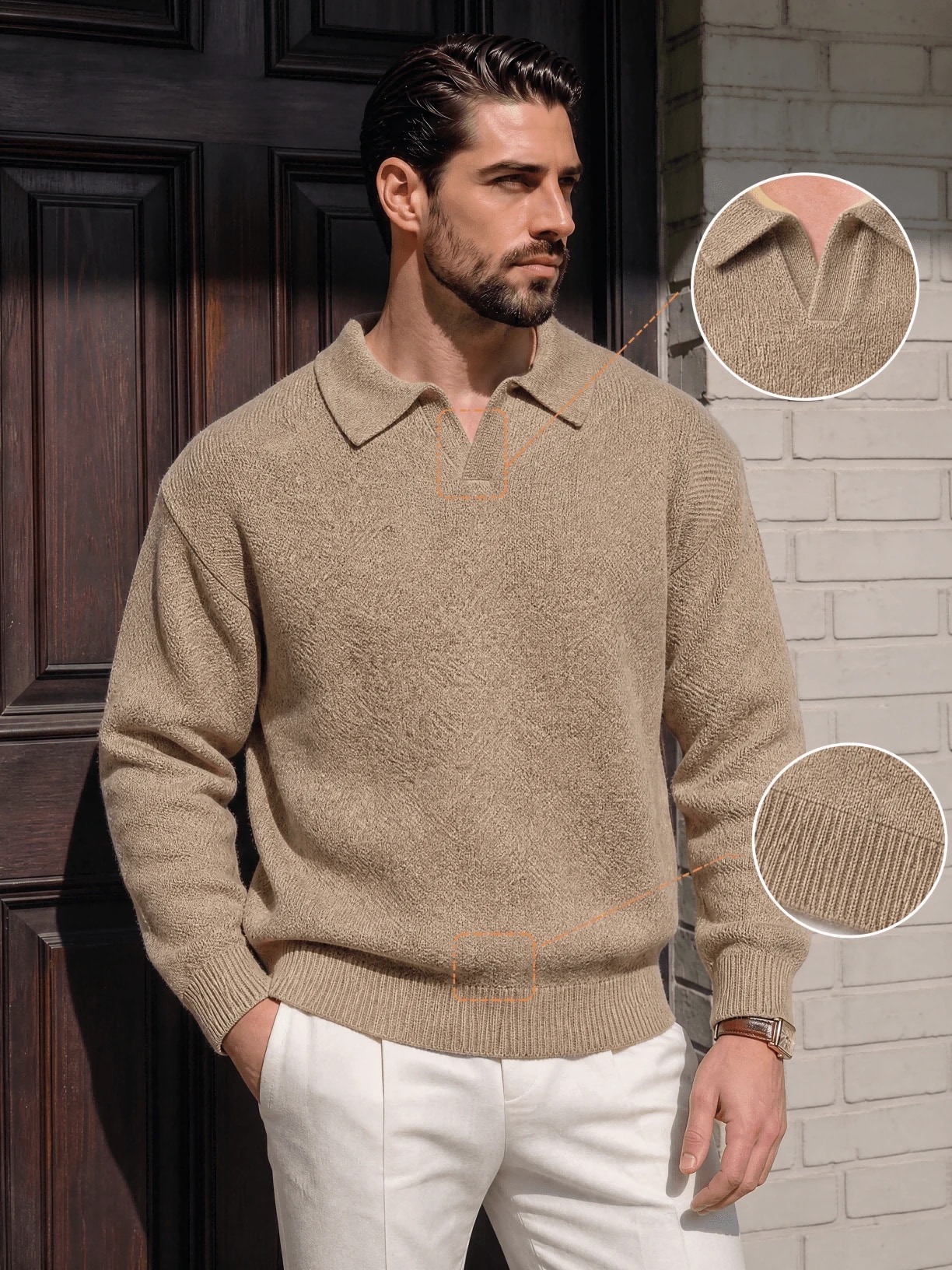 Pull polo tricoté pour homme, style Old Money décontracté chic, couleur unie, — vue 2