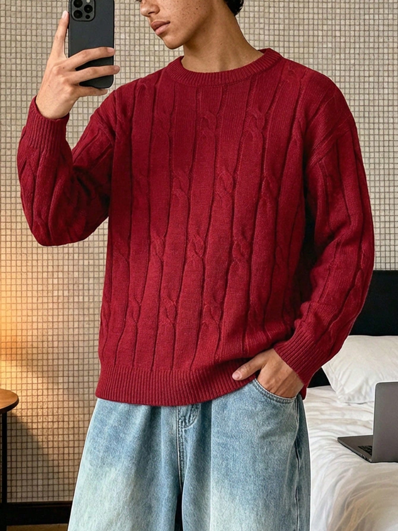 Manfinity BRENVOR Pull homme col rond épaules tombantes tricot torsadé couleur unie, — vue 8